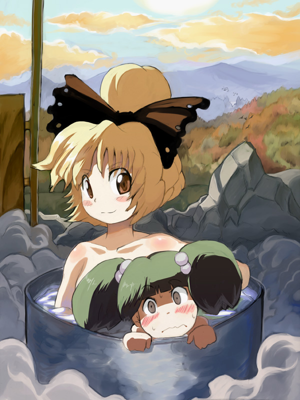 shape, syope, kisume, kurodani yamame, touhou, 2girls, bare shoulders, barrel, bath, bathing, blonde hair, blush, bow, brown eyes, collarbone, drum (container), embarrassed, female focus, green hair, hair bobbles, hair bow, hair ornament, in container, multiple girls, nude, outdoors, same-sex bathing, shared bathing, twintails, two side up