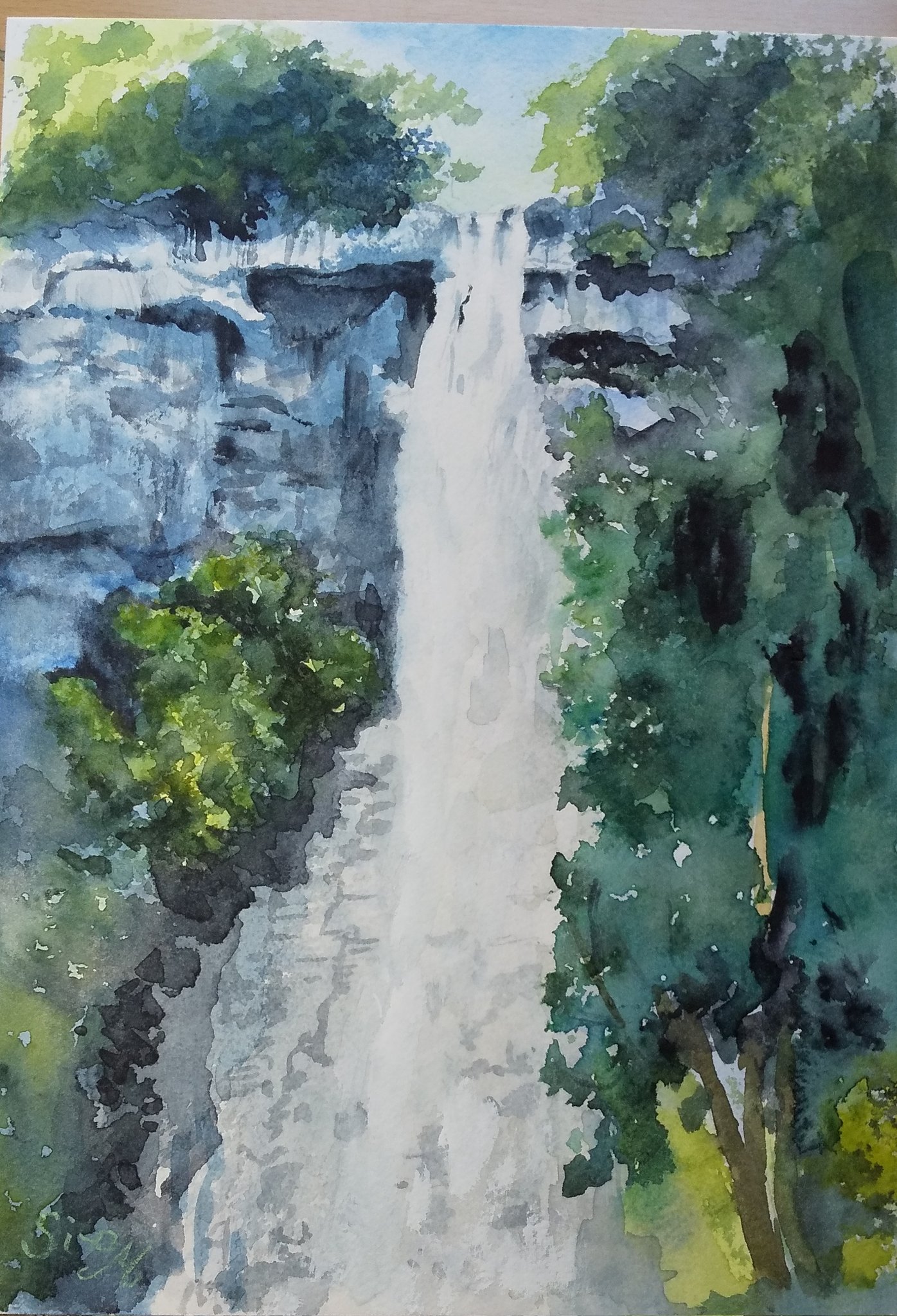 monsisiro411823, original, highres, painting (medium), traditional media, watercolor (medium), bush, cliff, hill, no humans, outdoors, scenery, tree, water, waterfall