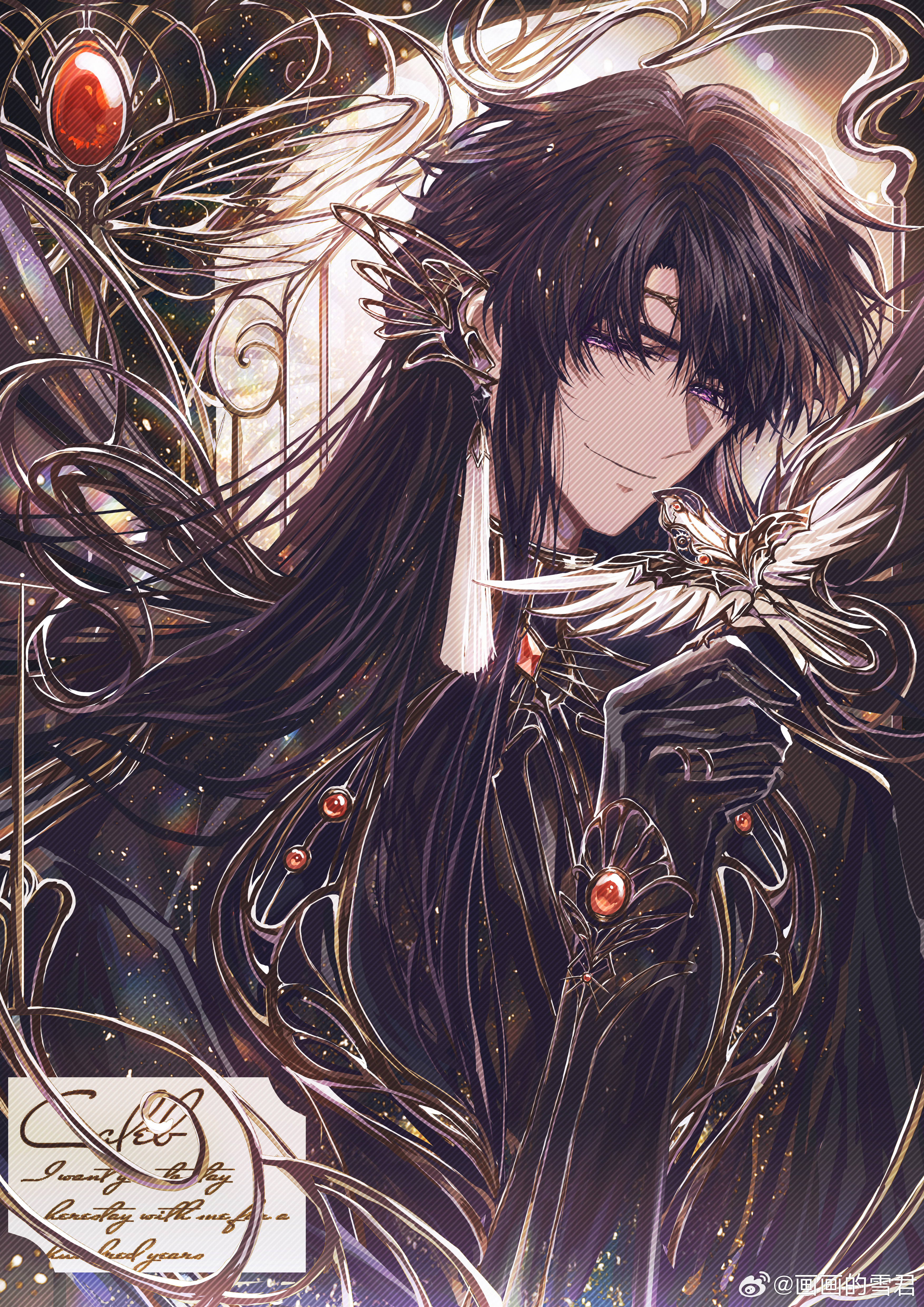 snow234, caleb (love and deepspace), love and deepspace, absurdres, chinese commentary, highres, 1boy, bird, bird on hand, black border, black cape, black gloves, black hair, black jacket, border, bug, cape, character name, closed mouth, curtained hair, dragonfly, ear covers, earrings, gem, gloves, hand up, head chain, insect, jacket, jewelry, lapels, light particles, long hair, long sleeves, looking at viewer, male focus, non-humanoid robot, orange gemstone, ornate border, outside border, purple eyes, ring, robot, robot animal, sideways glance, single earring, smile, solo, swept bangs, tassel, tassel earrings, turtleneck, upper body, vambraces, watermark, weibo watermark