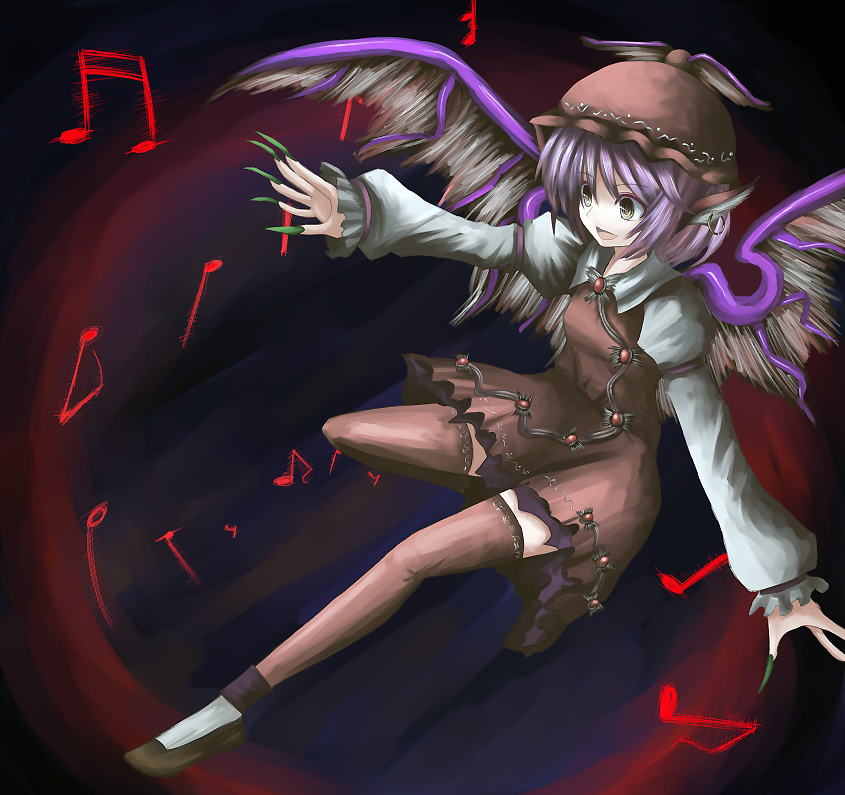 shine (artist), wasabi karasi, wasabi karasi (pixiv), mystia lorelei, touhou, bad id, bad pixiv id, 1girl, animal ears, bonnet, earrings, female focus, fingernails, hat, jewelry, long fingernails, music, musical note, nail (hardware), pink hair, quaver, quaver rest, short hair, singing, solo, thighhighs, wings, zettai ryouiki