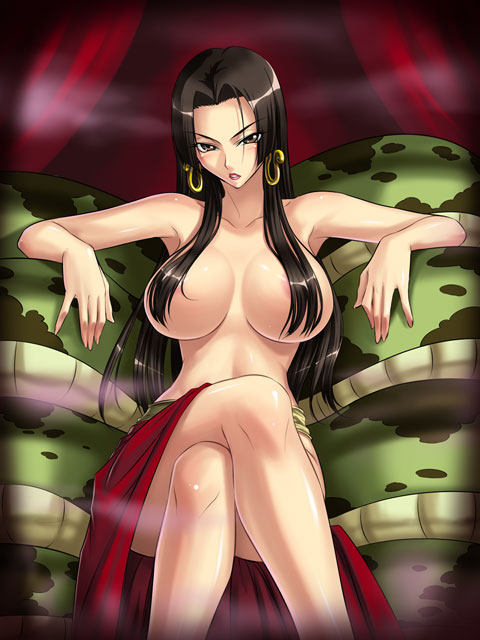kagami hirotaka, boa hancock, salome (one piece), one piece, 1girl, amazon warrior, areola slip, armpits, black hair, blush, breasts, brown eyes, censored, collarbone, convenient censoring, crossed legs, earrings, female focus, hair over breasts, jewelry, large breasts, legs, lipstick, long hair, looking at viewer, makeup, sitting, skirt, snake, solo, topless female