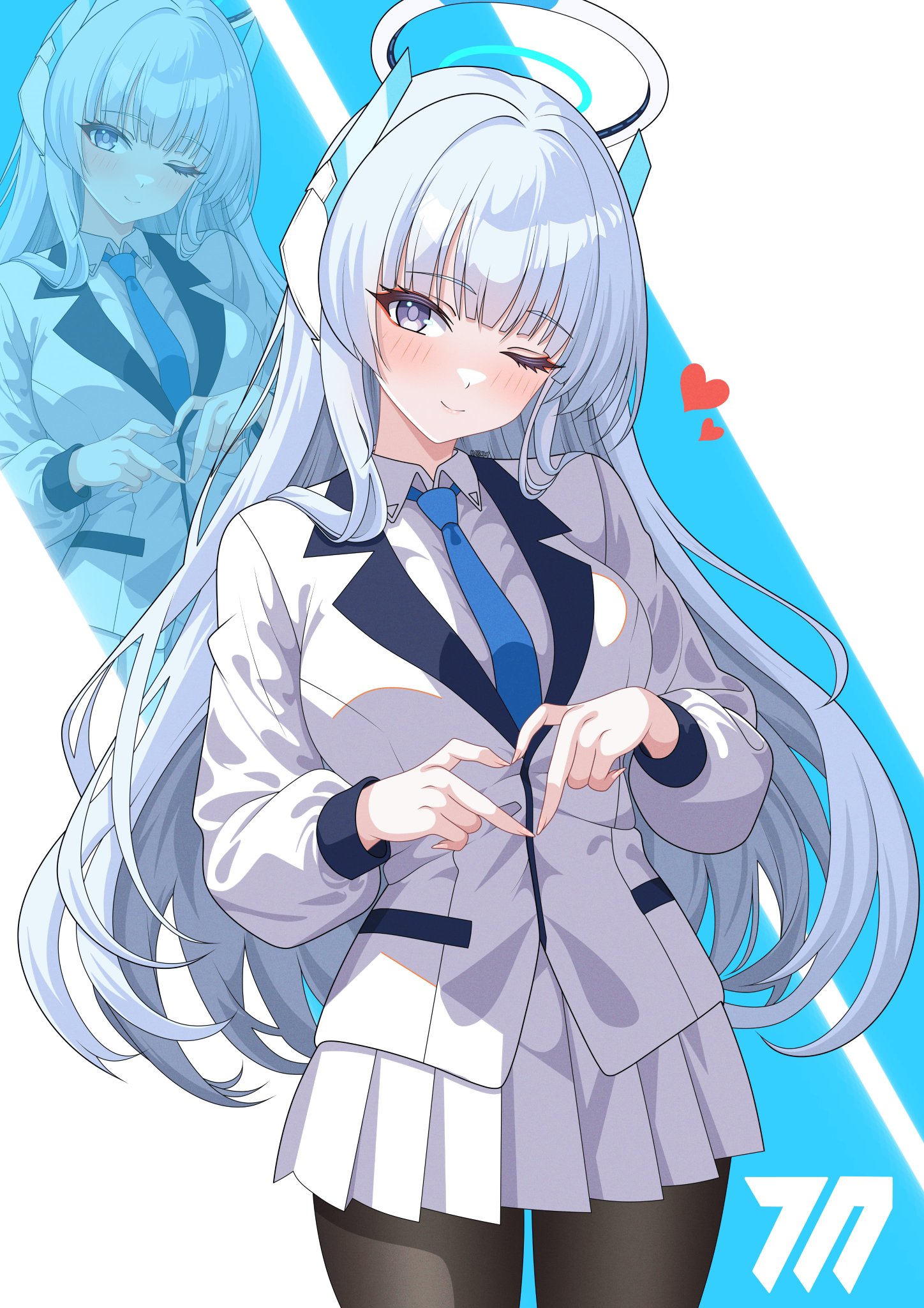 hazaky, noa (blue archive), blue archive, highres, 1girl, black pantyhose, blue necktie, cowboy shot, formal clothes, four-finger heart hands, grey hair, halo, headgear, heart, heart hands, looking at viewer, mechanical halo, necktie, one eye closed, pantyhose, pleated skirt, purple eyes, shirt, skirt, smile, solo, suit, white hair, white halo, white shirt, white suit, zoom layer