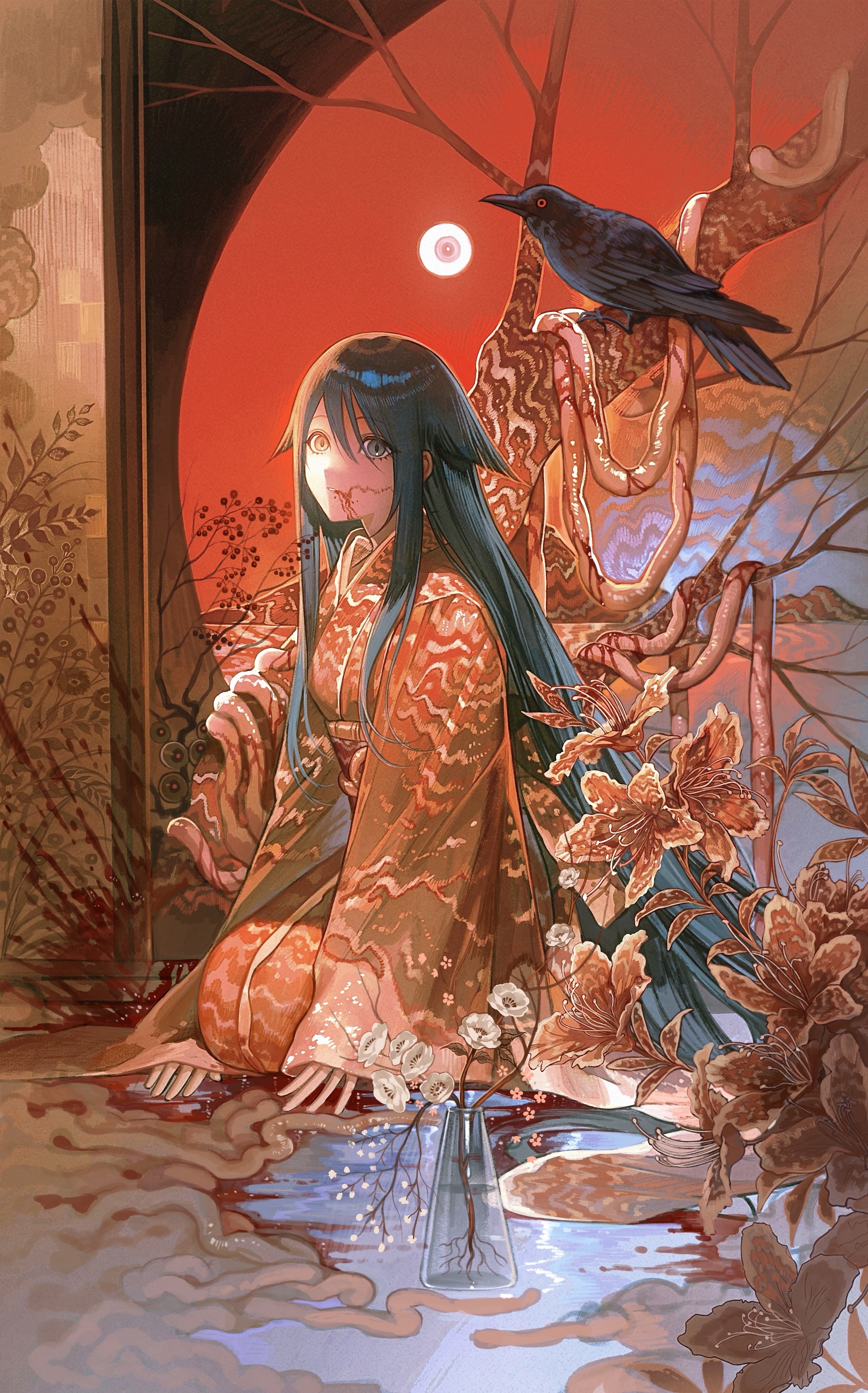 huli xiaobai, saya (saya no uta), saya no uta, absurdres, chinese commentary, commentary request, flower request, highres, 1girl, alternate costume, bare tree, bird, black eyes, black hair, blood, blood on mouth, blood splatter, crow, disembodied eye, flesh, flower, full body, furisode, fusuma, hair flaps, heterochromia, horizon, intestines, japanese clothes, kimono, long hair, long sleeves, looking at viewer, moon gate, obi, obiage, orange eyes, parted lips, patterned clothing, plant, potted plant, red flower, red kimono, red sky, sash, seiza, sitting, sky, sliding doors, solo, surreal, tree, vase, very long hair