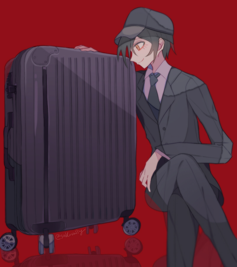 sakura (fein5862817), saihara shuichi, danganronpa (series), danganronpa v3: killing harmony, commentary request, 1boy, aegyo sal, baseball cap, black hair, black hat, black jacket, black necktie, black pants, blazer, buttons, closed mouth, collared jacket, collared shirt, crossed legs, dress pants, feet out of frame, hair over one eye, hand on own thigh, happy, hat, invisible chair, jacket, lapels, layered sleeves, long eyelashes, long sleeves, looking at object, male focus, necktie, notched lapels, official alternate costume, pants, pointy nose, red background, reflective floor, school uniform, shirt, short hair, simple background, sitting, smile, solo, suitcase, v-neck, white shirt, yellow eyes