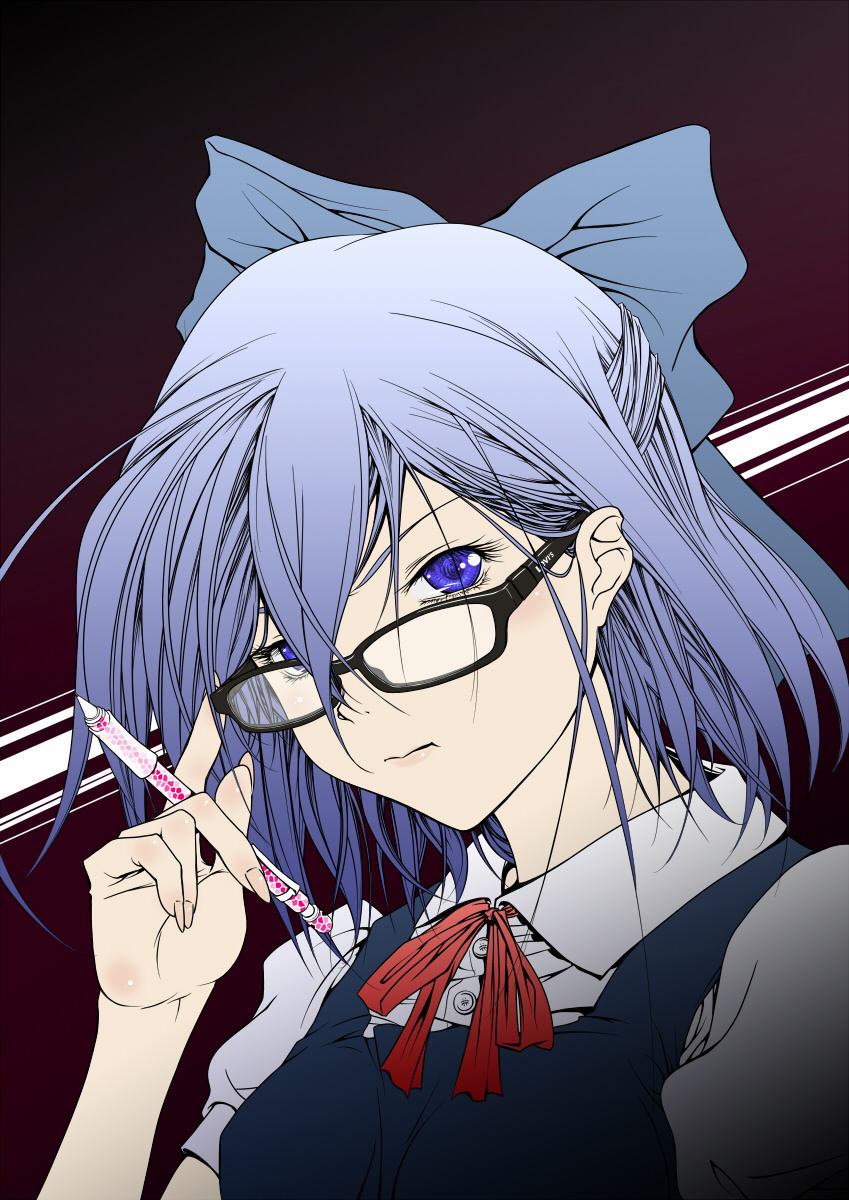 aya.m, cirno, touhou, highres, 1girl, adjusting eyewear, bespectacled, blue eyes, blue hair, blush, female focus, glasses, matching hair/eyes, pen, ribbon, school uniform, serafuku, serious, solo