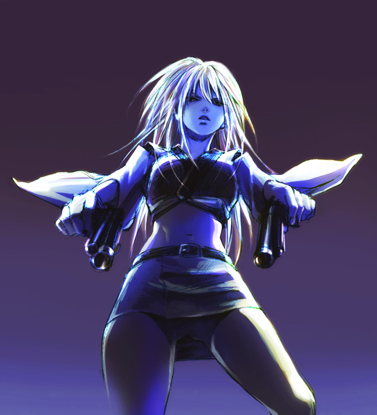 kijima matako, gintama, 00s, 1girl, belt, female focus, from below, gun, long hair, midriff, monochrome, pencil skirt, skirt, solo, thighs, weapon