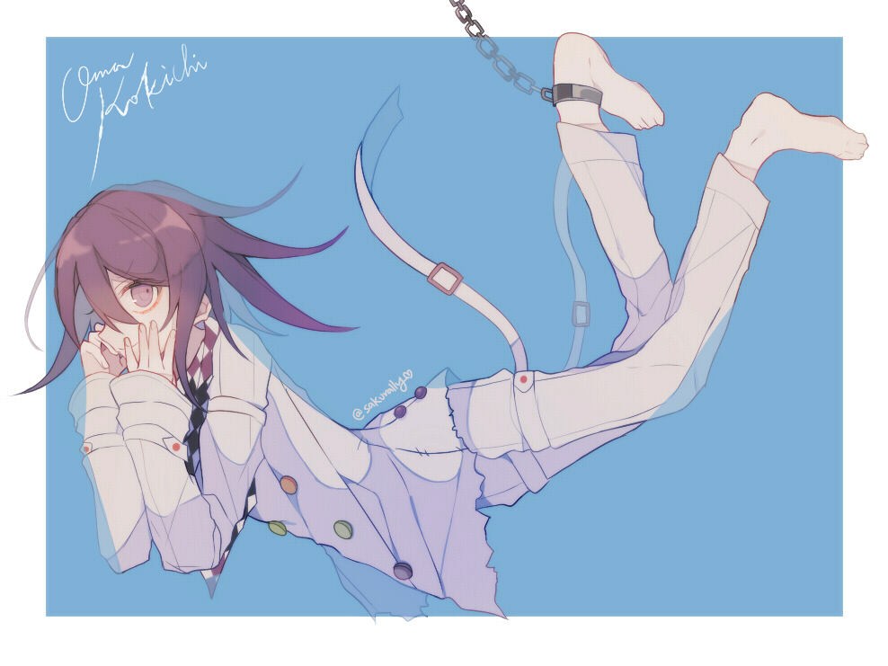 sakura (fein5862817), oma kokichi, danganronpa (series), danganronpa v3: killing harmony, commentary request, 1boy, aegyo sal, arm belt, barefoot, belt, belt buckle, black sclera, blue background, border, buckle, buttons, character name, checkered clothes, checkered scarf, closed mouth, colored sclera, cuffs, denim, double-breasted, dress pants, eyelashes, feet, full body, gold buckle, hair between eyes, hands on own cheeks, hands on own face, jacket, jeans, long hair between eyes, long sleeves, lying, male focus, multicolored buttons, multiple belts, on stomach, open belt, outside border, pants, pointy nose, purple eyes, purple hair, scarf, shackles, short hair, simple background, single ankle cuff, smirk, smug, solo, thigh belt, thigh strap, torn clothes, torn jeans, torn pants, twitter username, two-tone scarf, white belt, white border, white jacket, white pants, white scarf, wrist belt