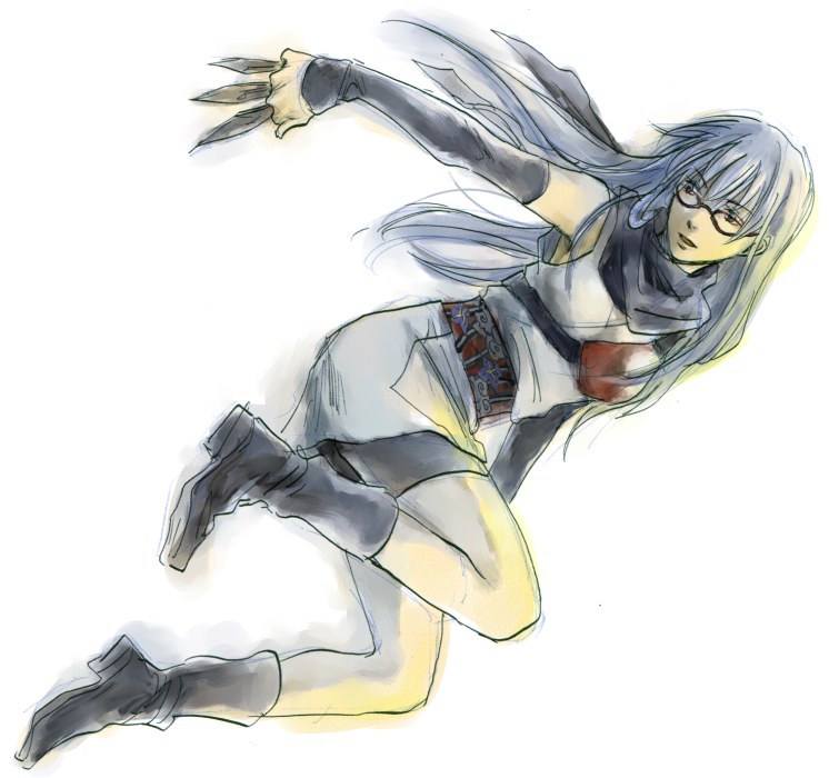 sarutobi ayame, gintama, 00s, 1girl, bike shorts, female focus, full body, glasses, gradient background, kunai, legs, long hair, ninja, purple hair, solo, weapon