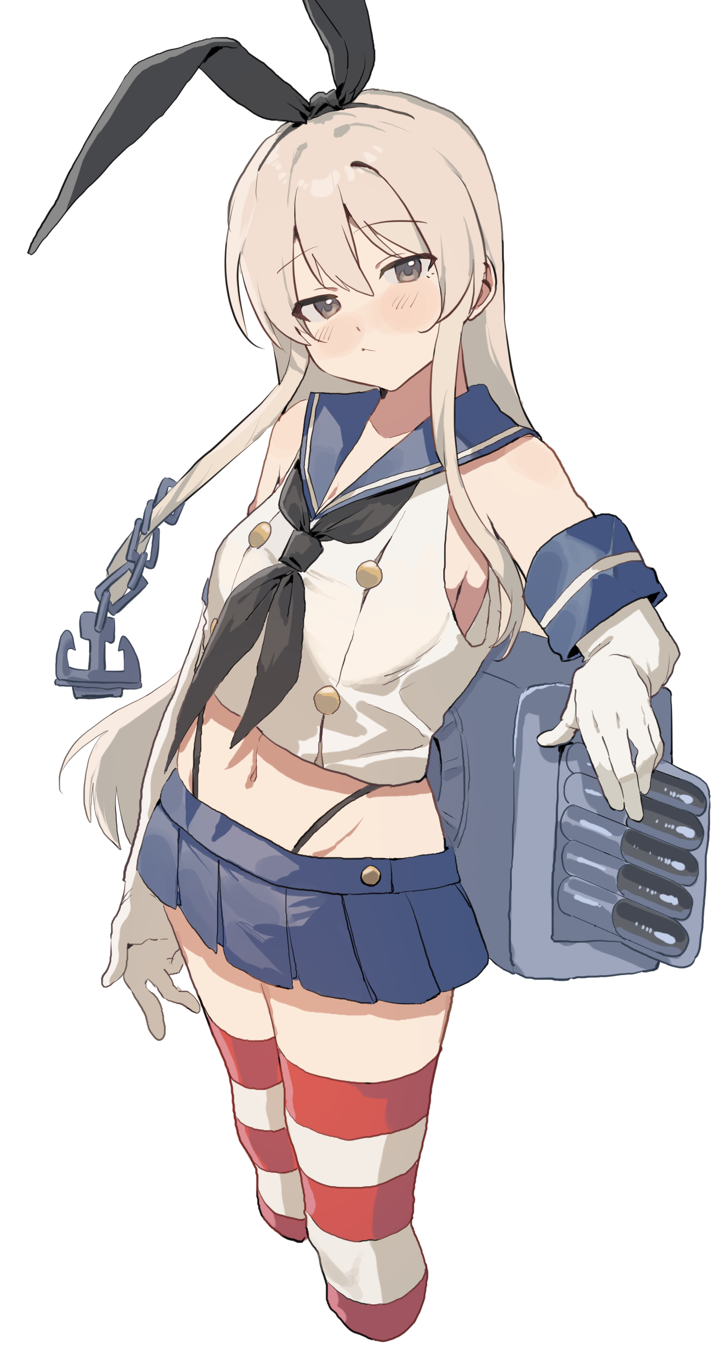 shishamo (domado), shimakaze (kancolle), kantai collection, absurdres, highres, 1girl, anchor hair ornament, black panties, blonde hair, closed mouth, cropped legs, elbow gloves, gloves, hair ornament, hairband, head tilt, highleg, highleg panties, long hair, looking at viewer, panties, sailor collar, school uniform, serafuku, simple background, solo, striped clothes, striped thighhighs, thighhighs, underwear, white background