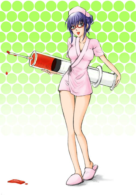 sarutobi ayame, gintama, 00s, 1girl, blood, female focus, glasses, large syringe, legs, needle, nurse, oversized object, purple hair, slippers, smile, solo, syringe
