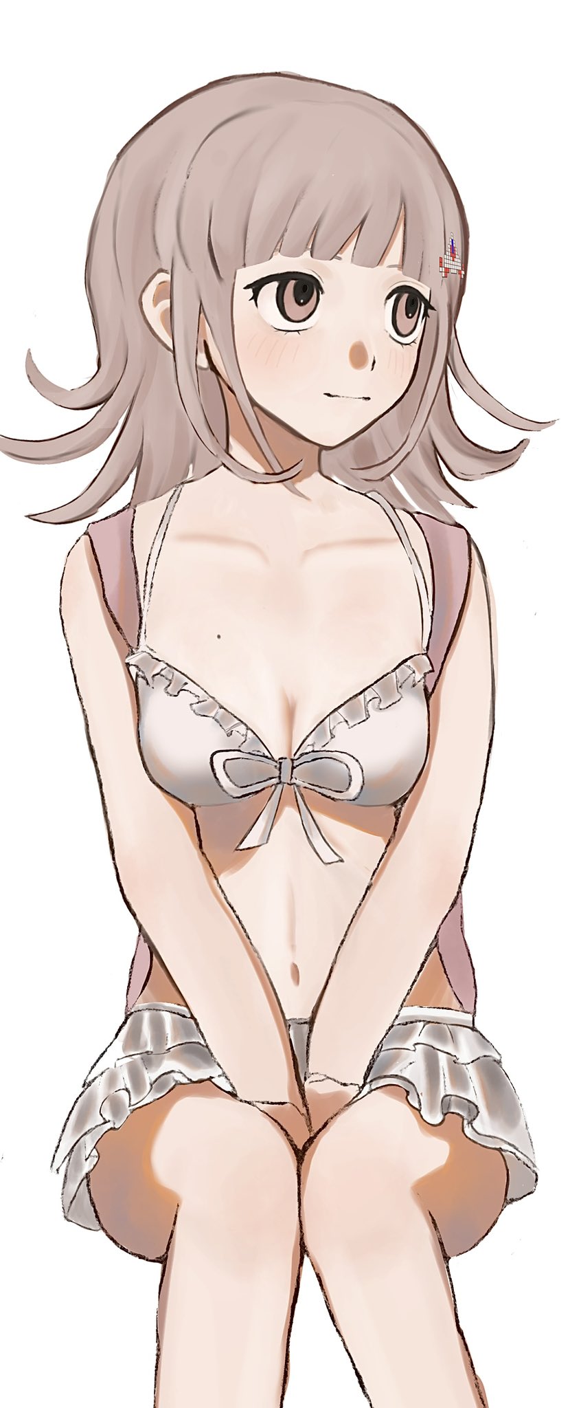 nanami chiaki, danganronpa (series), danganronpa 2: goodbye despair, highres, 1girl, bare shoulders, bikini, breasts, cleavage, collarbone, feet out of frame, grey bikini, hair ornament, medium breasts, medium hair, mole, mole on breast, navel, simple background, skirt, smile, solo, swimsuit, white background