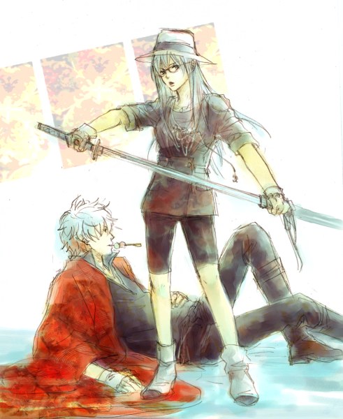 sakata gintoki, sarutobi ayame, gintama, painting (medium), traditional media, watercolor (medium), 00s, 1boy, 1girl, bike shorts, dango, fedora, food, glasses, hat, katana, sanshoku dango, sword, wagashi, weapon
