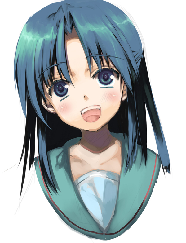 kodama sawa, kodamasawa izumi, asakura ryoko, suzumiya haruhi no yuuutsu, eyebrows, bad id, bad pixiv id, 00s, blue eyes, blue hair, crazy, head tilt, school uniform, serafuku, smile