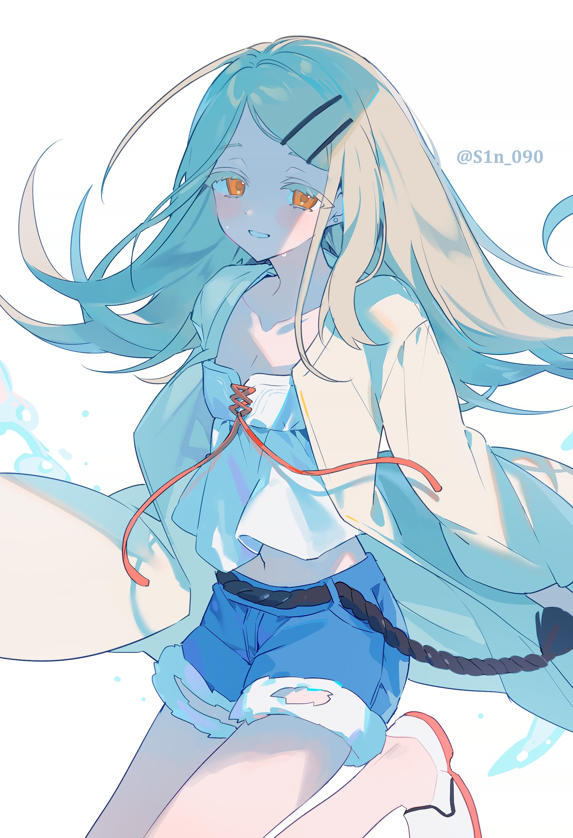 sin 090, shinosawa hiro, gakuen idolmaster, idolmaster, absurdres, hashtag-only commentary, highres, belt, black belt, blonde hair, blush, camisole, collarbone, colored eyelashes, cowboy shot, denim, denim shorts, earrings, flat chest, flipped hair, floating hair, hair ornament, hairclip, jewelry, long hair, looking at viewer, midriff, open clothes, open mouth, open robe, orange eyes, parallel hairclips, red ribbon, ribbon, robe, rope belt, shade, shoes, shorts, simple background, smile, standing, standing on one leg, stud earrings, sweat, twitter username, water drop, white background, white camisole, white robe, white shoes