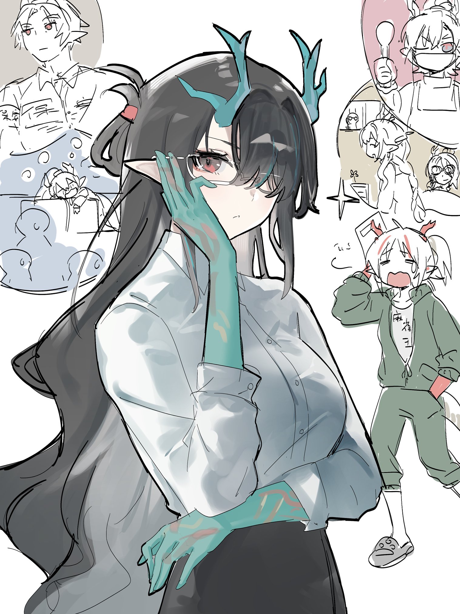 dusk (arknights), ling (arknights), nian (arknights), shu (arknights), yu (arknights), arknights, character request, highres, 2boys, 3girls, alternate costume, black hair, dragon girl, dragon horns, dragon tail, glasses, hair over one eye, horns, looking at viewer, multiple boys, multiple girls, office lady, red eyes, tail, yao kkkrrr