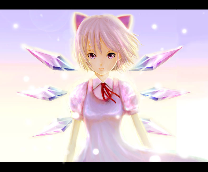 chai (drawingchisanne), cirno, perfect cherry blossom, touhou, bad id, bad pixiv id, 1girl, dress, female focus, letterboxed, neck ribbon, purple eyes, ribbon, serious, short hair, solo, staring, white hair, wings