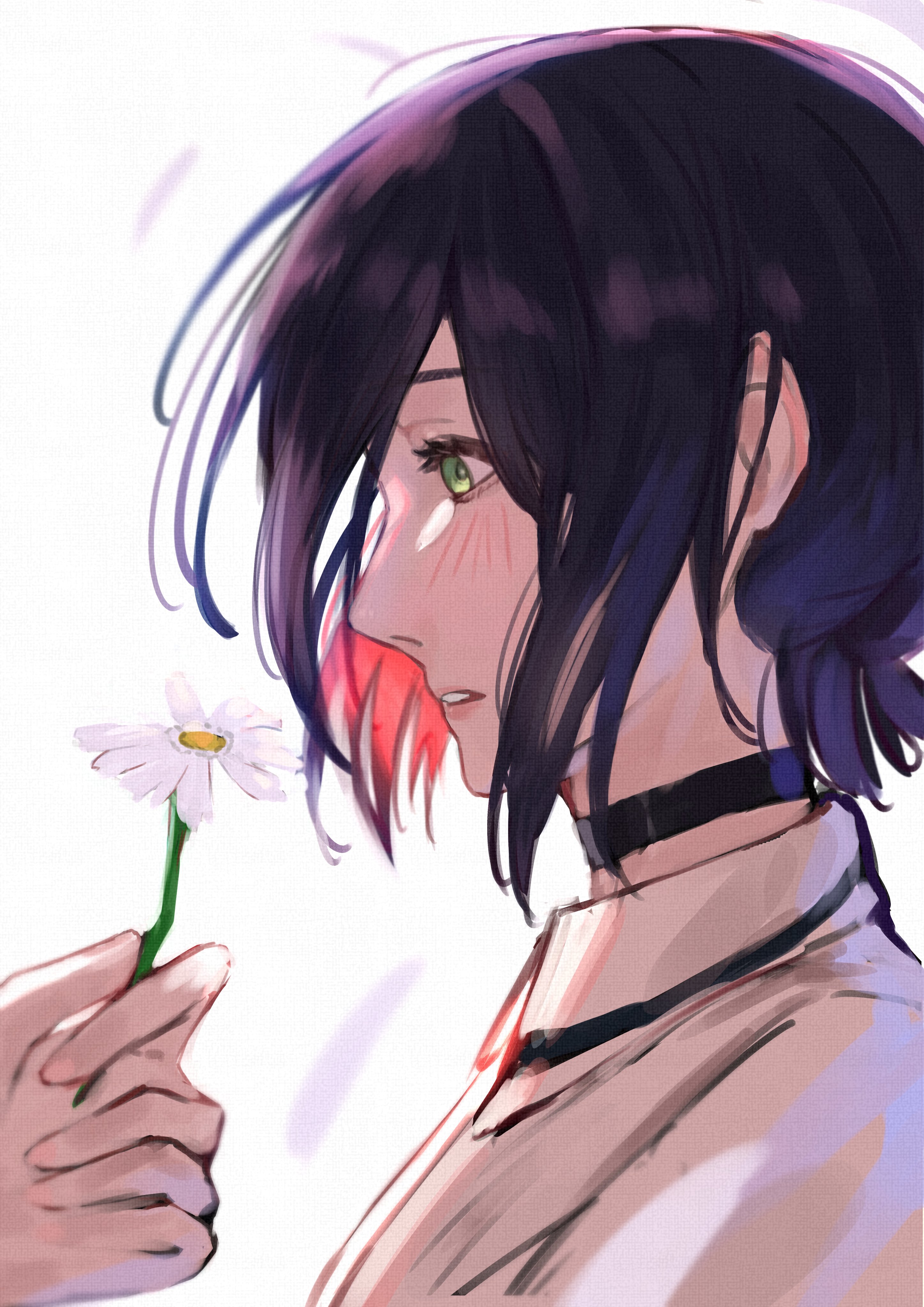 reze (chainsaw man), chainsaw man, absurdres, commentary, highres, 1girl, black choker, black hair, blush, choker, daisy (flower), flower, from side, green eyes, modekasan, parted lips, portrait, profile, shirt, short hair, simple background, solo focus, white background, white flower, white shirt