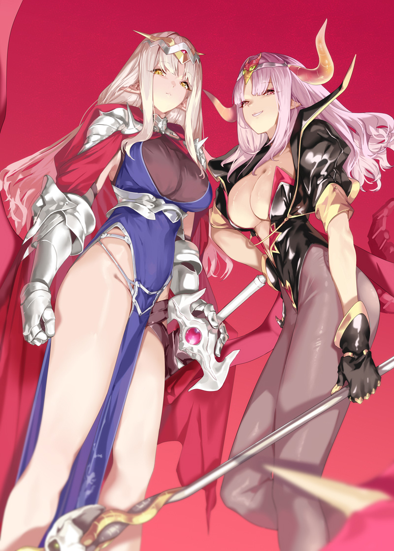 ohland, knight gundam, satan gundam, gundam, original, sd gundam, sd gundam gaiden, commentary, 2girls, armor, black gloves, black jacket, black pantyhose, blue dress, breasts, cleavage, closed mouth, cropped legs, demon girl, demon horns, dress, from below, gauntlets, gloves, holding, holding staff, horns, jacket, knight, large breasts, long hair, looking at viewer, mage staff, multiple girls, open clothes, open jacket, pantyhose, parted lips, pink eyes, purple hair, red background, scabbard, sheath, sheathed, shoulder armor, sidelocks, simple background, smile, staff, standing, sword, thighs, weapon, white hair, yellow eyes