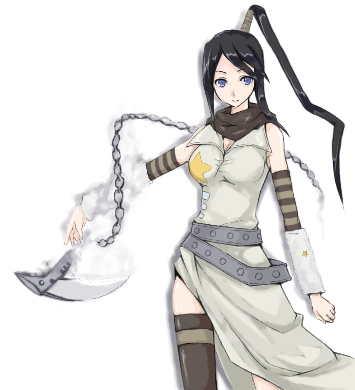 nakatsukasa tsubaki, soul eater, bad id, bad pixiv id, 00s, asymmetrical clothes, chain scythe, detached sleeves, kusarigama, ponytail, sickle, single thighhigh, solo, thighhighs, weapon