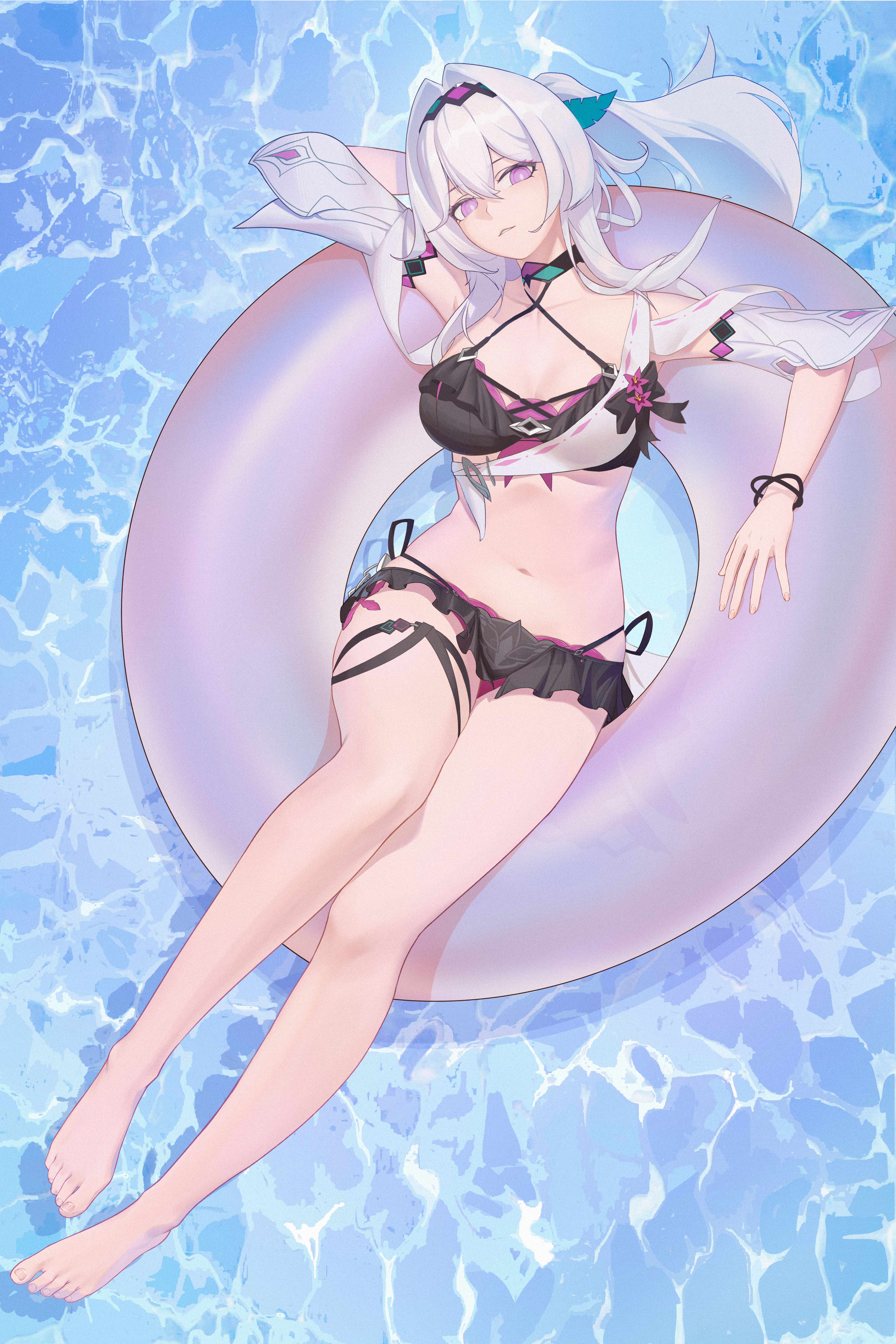 niao fan, thelema nutriscu, thelema nutriscu (roseate summer), honkai (series), honkai impact 3rd, absurdres, commentary, highres, 1girl, arm behind head, arm up, bare legs, bare shoulders, barefoot, bikini, bikini skirt, black hairband, black skirt, bracelet, breasts, criss-cross halter, feet, from above, hair between eyes, hair intakes, hairband, halterneck, innertube, jewelry, large breasts, legs, long hair, looking at viewer, miniskirt, navel, official alternate costume, parted lips, ponytail, purple eyes, skirt, solo, stomach, string bikini, swim ring, swimsuit, toes, white hair