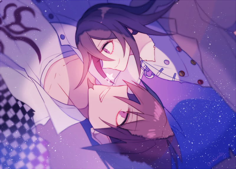 sakura (fein5862817), momota kaito, oma kokichi, danganronpa (series), danganronpa v3: killing harmony, commentary request, 2boys, aegyo sal, black scarf, blue coat, buttons, chain, checkered clothes, checkered scarf, closed mouth, coat, coat on shoulders, collarbone, collared coat, double-breasted, eye contact, eyelashes, face-to-face, flame print, floating, grin, hair between eyes, happy, jacket, lapels, light particles, long sleeves, looking at another, male focus, multicolored buttons, multiple boys, no scarf, notched lapels, open clothes, open jacket, pale skin, pectoral cleavage, pectorals, pointy nose, print shirt, purple background, purple coat, purple eyes, purple hair, purple theme, scarf, shirt, smile, spiked hair, torn clothes, torn jacket, torn scarf, two-sided coat, two-sided fabric, two-tone scarf, unworn scarf, upper body, white jacket, white scarf, white shirt