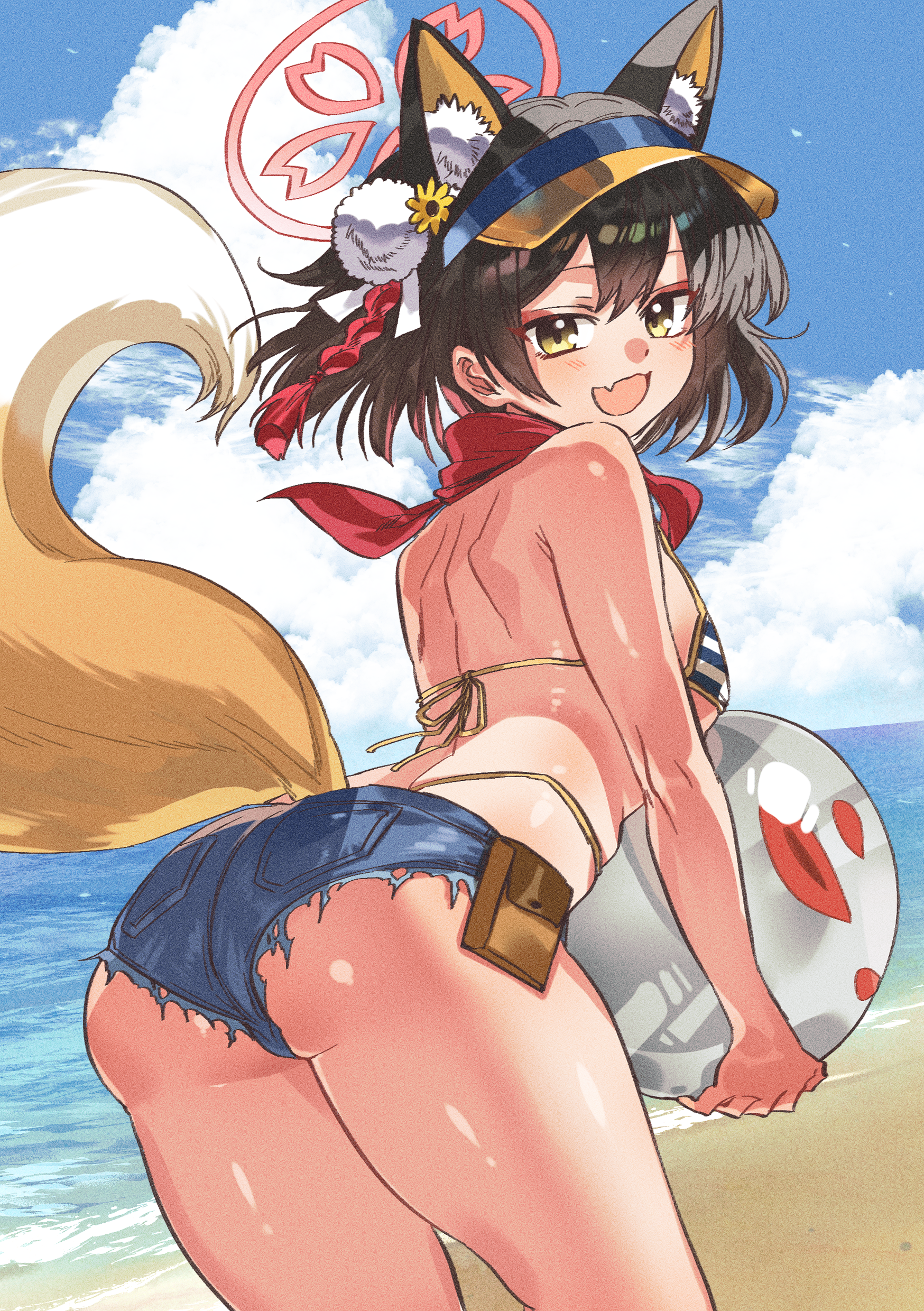 izuna (blue archive), izuna (swimsuit) (blue archive), blue archive, absurdres, highres, 1girl, animal ear fluff, animal ears, ass, backless bikini bottom, ball, beach, beachball, bikini, brown hair, denim, denim shorts, eyeshadow, fang, flower, fox ears, fox girl, fox tail, from behind, hair flower, hair ornament, halo, highleg, highleg bikini, holding, holding ball, holding beachball, looking at viewer, looking back, makeup, micro shorts, namaniku (user nxxf7457), ocean, official alternate costume, pink eyeshadow, pink halo, pom pom (clothes), pom pom hair ornament, red scarf, scarf, shorts, skin fang, solo, striped bikini, striped clothes, sunflower, sunflower hair ornament, swimsuit, tail, visor cap