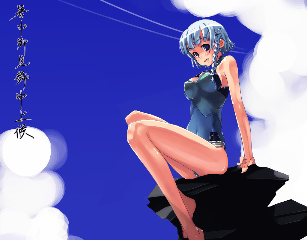 refeia, seolla schweizer, banpresto, super robot wars, 1girl, barefoot, blue eyes, blue hair, braid, cloud, day, female focus, hair ornament, hairclip, legs, long legs, matching hair/eyes, one-piece swimsuit, open mouth, short hair, sitting, smile, solo, swimsuit, thighs