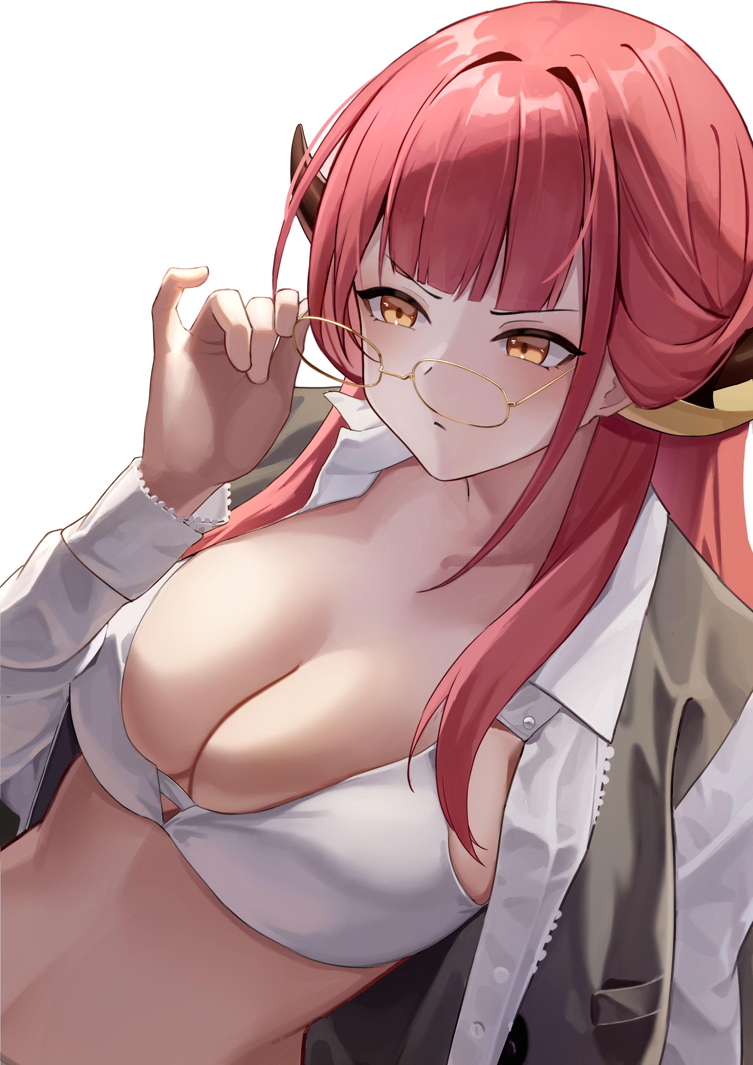dai mao xuan yi, aru (blue archive), blue archive, absurdres, commentary, highres, 1girl, adjusting eyewear, arm at side, black horns, blunt bangs, blush, bra, breasts, cleavage, closed mouth, collared shirt, demon horns, glasses, grey vest, hand up, horns, large breasts, long hair, long sleeves, looking ahead, looking over eyewear, multicolored horns, open clothes, open shirt, open vest, red hair, shirt, sidelocks, simple background, solo, two-tone horns, underwear, upper body, v-shaped eyebrows, vest, white background, white bra, yellow-framed eyewear, yellow eyes, yellow horns