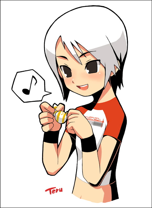 ashley mizuki robbins, another code, cing, 1girl, black eyes, candy, female focus, food, midriff, musical note, quaver, raglan sleeves, short hair, smile, solo, speech bubble, spoken musical note, white hair