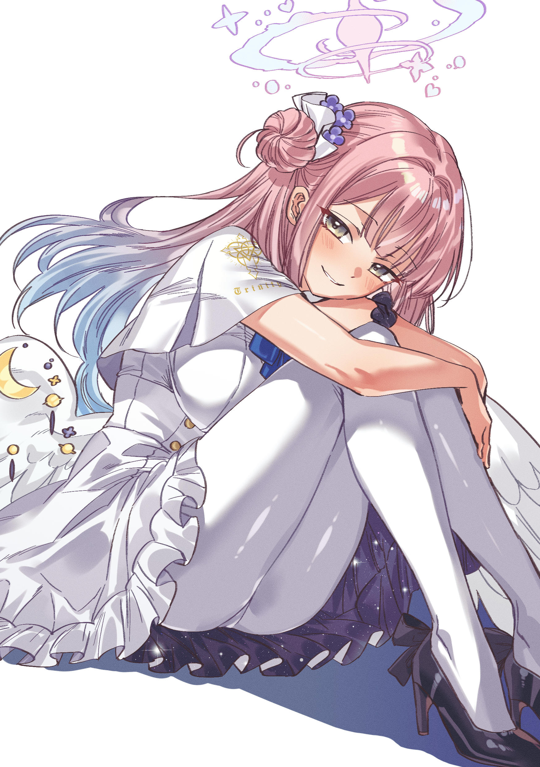 mika (blue archive), blue archive, absurdres, highres, 1girl, angel wings, black scrunchie, capelet, feathered wings, gradient halo, hair bun, halo, hugging own legs, long hair, looking at viewer, low wings, multicolored halo, namaniku (user nxxf7457), pantyhose, pink halo, scrunchie, single side bun, sitting, smile, solo, white background, white capelet, white pantyhose, white wings, wing ornament, wings, wrist scrunchie