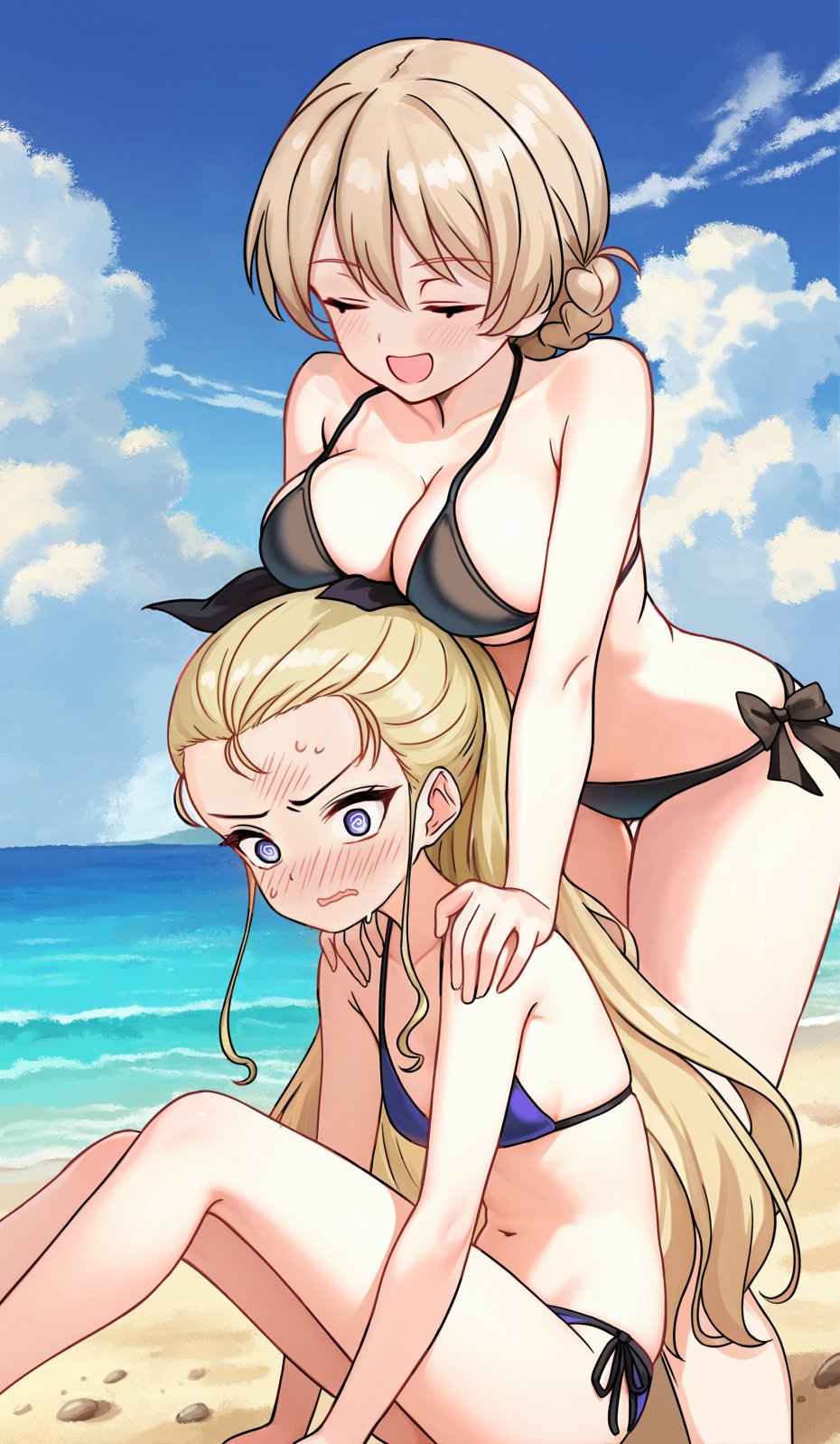 aadka5, assam (girls und panzer), darjeeling (girls und panzer), girls und panzer, commentary, commentary request, english commentary, highres, mixed-language commentary, 2girls, beach, bikini, black bikini, blonde hair, blue bikini, blue eyes, blue sky, blush, breast rest, breasts, breasts on head, closed eyes, cloud, day, embarrassed, large breasts, long hair, multiple girls, navel, ocean, open mouth, outdoors, sitting, sky, standing, sweat, swimsuit, yuri