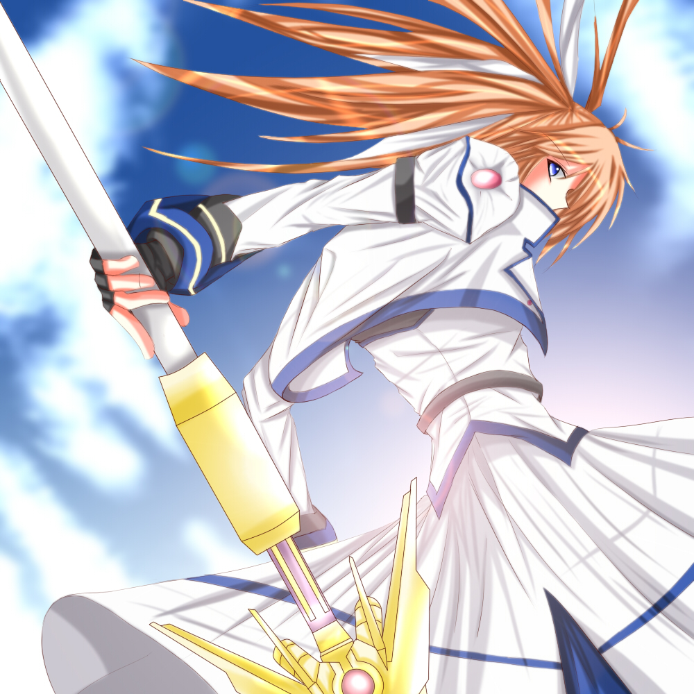 raising heart, raising heart (exceed mode), takamachi nanoha, takamachi nanoha (exceed mode), lyrical nanoha, mahou shoujo lyrical nanoha, mahou shoujo lyrical nanoha strikers, uniform, 00s, 1girl, blue sky, emblem, female focus, from behind, holding, holding weapon, long hair, long sleeves, looking back, magical girl, rod, sky, solo, staff, twintails, very long hair, weapon