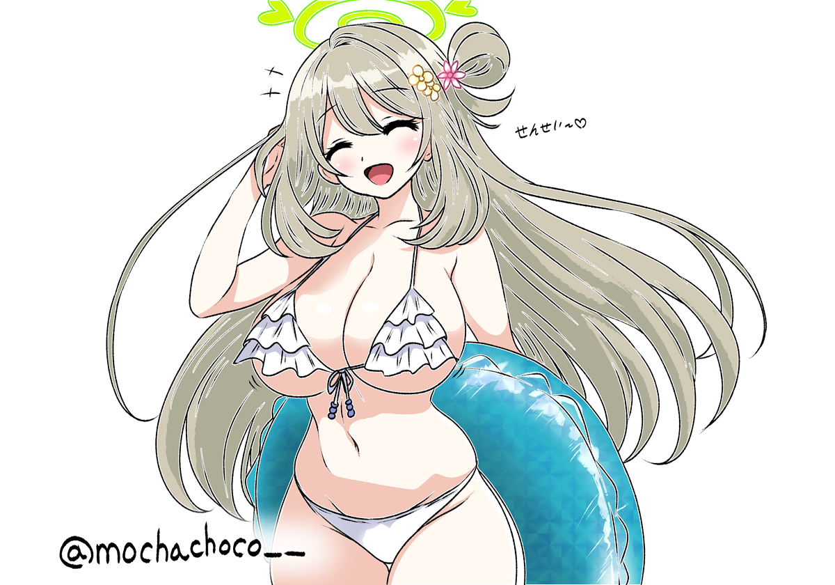 mochachoco, nonomi (blue archive), blue archive, 1girl, alternate costume, artist name, bikini, breasts, cleavage, closed eyes, cow, frilled bikini, frills, front-tie bikini top, front-tie top, green halo, hair bun, halo, holding, holding swim ring, innertube, large breasts, single side bun, smile, swim ring, swimsuit, white background, white bikini