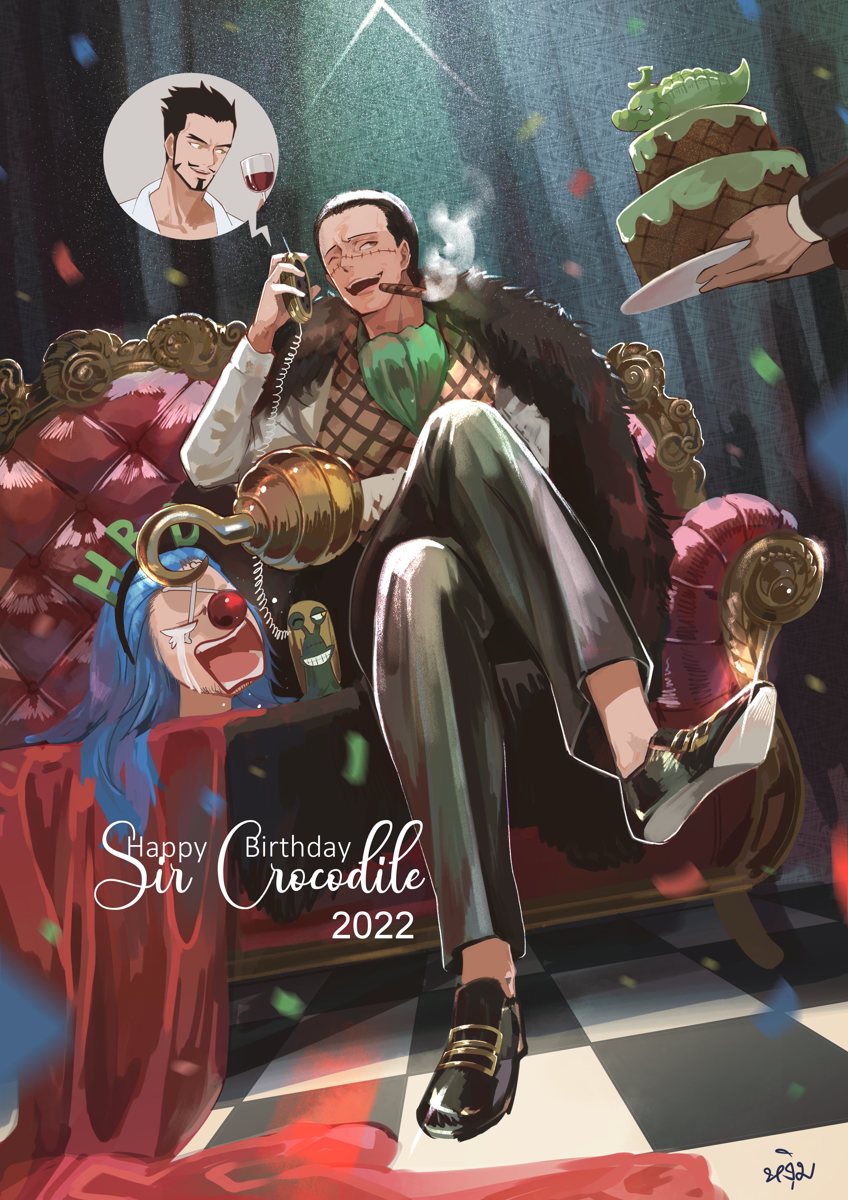 ngumngim, buggy the clown, crocodile (one piece), dracule mihawk, one piece, absurdres, commentary request, highres, 3boys, alligator, ascot, beard, black pants, black shoes, brown vest, cake, character name, checkered floor, chinstrap beard, cigar, clown nose, confetti, couch, crocodilian, crossed legs, cup, drinking glass, facial hair, food, green ascot, hook hand, male focus, multiple boys, mustache, one eye closed, open mouth, pants, shoes, sitting, smoke, snail, speech bubble, spoken character, stitched face, stitches, thai commentary, vest, wine glass