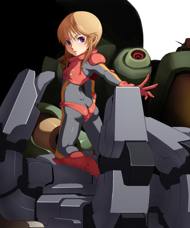 caryo, tabigarasu, puru two, quin mantha, gundam, gundam zz, making-of available, 1girl, bodysuit, female focus, gloves, orange hair, purple eyes, short hair, solo