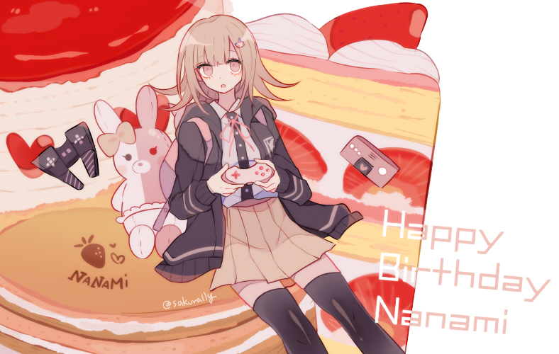 sakura (fein5862817), monomi (danganronpa), nanami chiaki, danganronpa (series), danganronpa 2: goodbye despair, commentary request, 1girl, aegyo sal, animal, animal bag, backpack, bag, black jacket, black thighhighs, blunt bangs, brown skirt, buttons, cake, cake slice, character name, cheesecake, collared shirt, controller, diaper, dress shirt, english text, expressionless, eyelashes, feet out of frame, food, fruit, game controller, hair ornament, hairclip, happy birthday, heart, high-waist skirt, holding, holding controller, holding game controller, hood, hood down, hooded jacket, jacket, long sleeves, looking at viewer, medium hair, neck ribbon, on food, open clothes, open jacket, oversized food, oversized object, pancake, pink bag, pink eyes, pink hair, pink ribbon, pleated skirt, rabbit, ribbon, shirt, sitting, skirt, souffle pancake, strawberry, strawberry shortcake, thighhighs, twitter username, white background, white shirt, zettai ryouiki