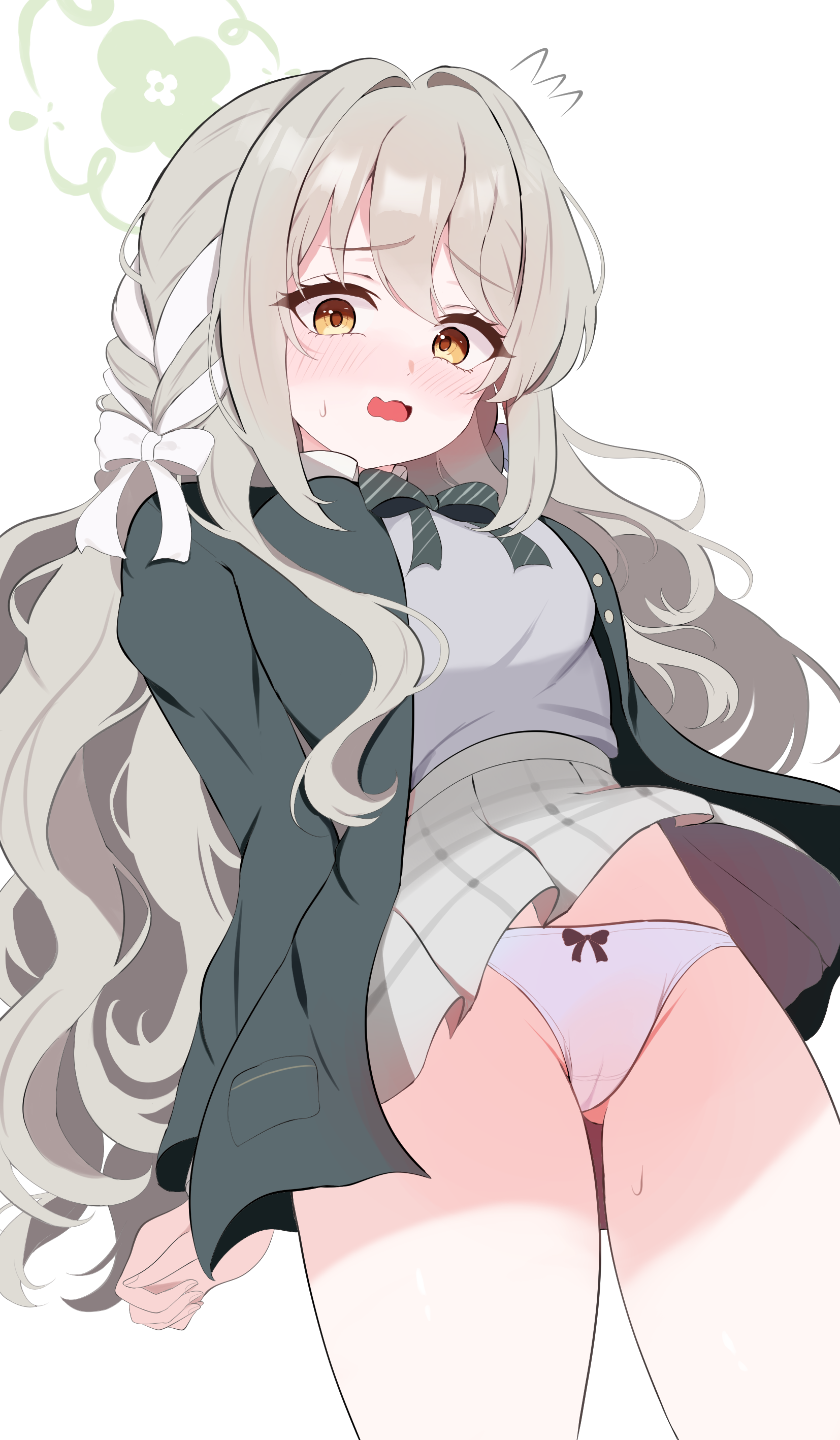 nuuuukoame, miyo (blue archive), blue archive, absurdres, highres, 1girl, blush, bow, bow panties, bowtie, braid, breasts, cameltoe, choppy bangs, diagonal-striped bow, diagonal-striped bowtie, diagonal-striped clothes, flying sweatdrops, green halo, grey hair, grey skirt, hair ribbon, halo, jacket, long hair, long sleeves, looking at viewer, medium breasts, nose blush, panties, ribbon, ribbon braid, shirt, skirt, solo, standing, striped bow, striped bowtie, striped clothes, underwear, wavy mouth, white background, white bow, white panties, white shirt, wind, wind lift