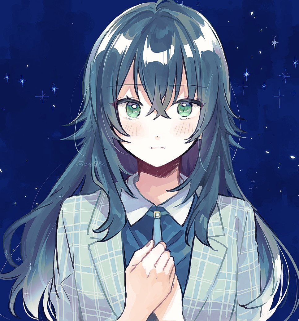 yasushi (yssm8), tsukimura temari, gakuen idolmaster, idolmaster, 1girl, blue background, blush, closed mouth, collared shirt, crossed bangs, double-parted bangs, green eyes, green hair, green shirt, grey jacket, hands up, jacket, lapels, long hair, looking at viewer, notched lapels, open clothes, open jacket, own hands together, plaid clothes, plaid jacket, shirt, solo, star (sky), starry sky background, twitter username, upper body