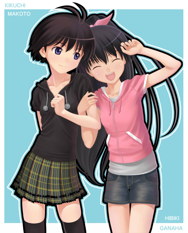 nekopuchi, ganaha hibiki, kikuchi makoto, idolmaster, idolmaster (classic), idolmaster 1, 00s, 2girls, antenna hair, black hair, closed eyes, flat chest, hood, hoodie, long hair, multiple girls, pencil skirt, plaid clothes, plaid skirt, ponytail, purple eyes, short hair, shorts, simple background, skirt, smile, thighhighs, zettai ryouiki