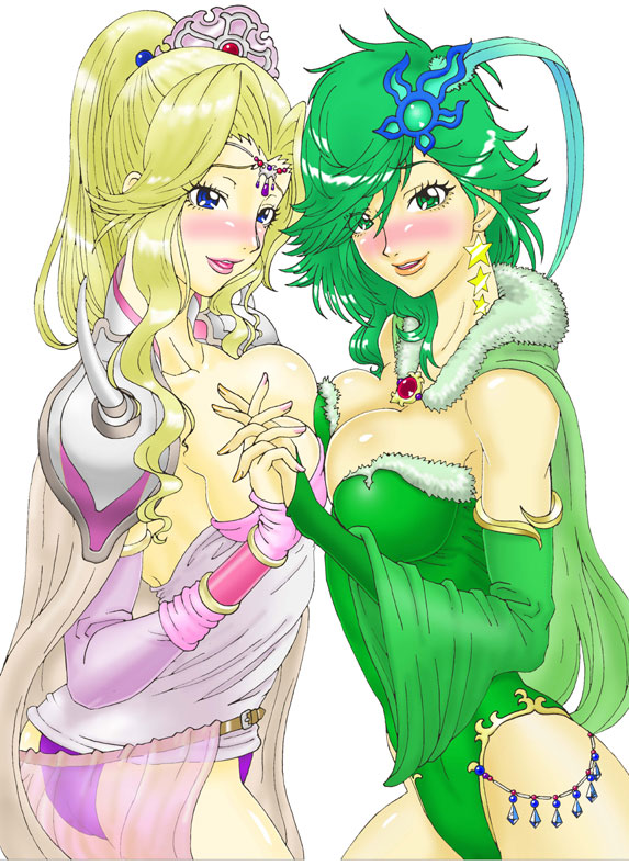shuninshunin, rosa farrell, rydia (adult) (ff4), rydia (ff4), final fantasy, final fantasy iv, 1990s (style), 2girls, aged up, armor, ass, belt, blonde hair, blue eyes, blush, breast press, breasts, bridal gauntlets, cape, cleavage, crown, detached sleeves, earrings, gold lips, green eyes, green hair, hair ornament, holding hands, horns, jewelry, large breasts, leotard, lips, lipstick, long hair, makeup, multiple girls, pink lips, ponytail, retro artstyle, smile, star (symbol), symmetrical docking, tiara, yuri