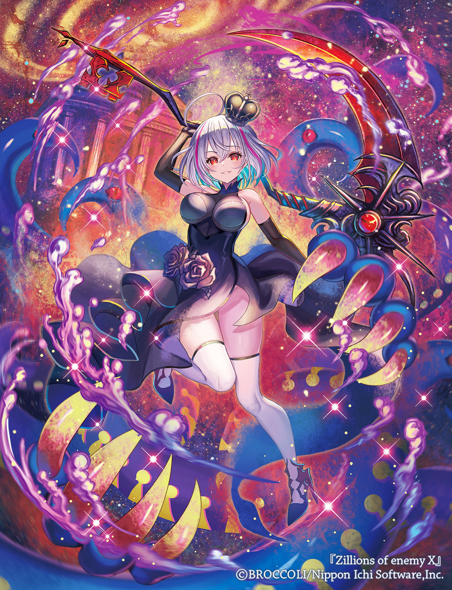 madopen, z/x, highres, official art, 1girl, ahoge, aqua hair, arm up, bare shoulders, black crown, black dress, black flower, black gloves, black rose, breasts, colored inner hair, copyright notice, crown, dress, dress flower, elbow gloves, flower, gloves, grey hair, high heels, holding, holding scythe, large breasts, light particles, looking at viewer, medium hair, monster, multicolored hair, pink hair, red eyes, rose, scythe, sparkle, thighhighs, white mouth, white thighhighs, yato urara
