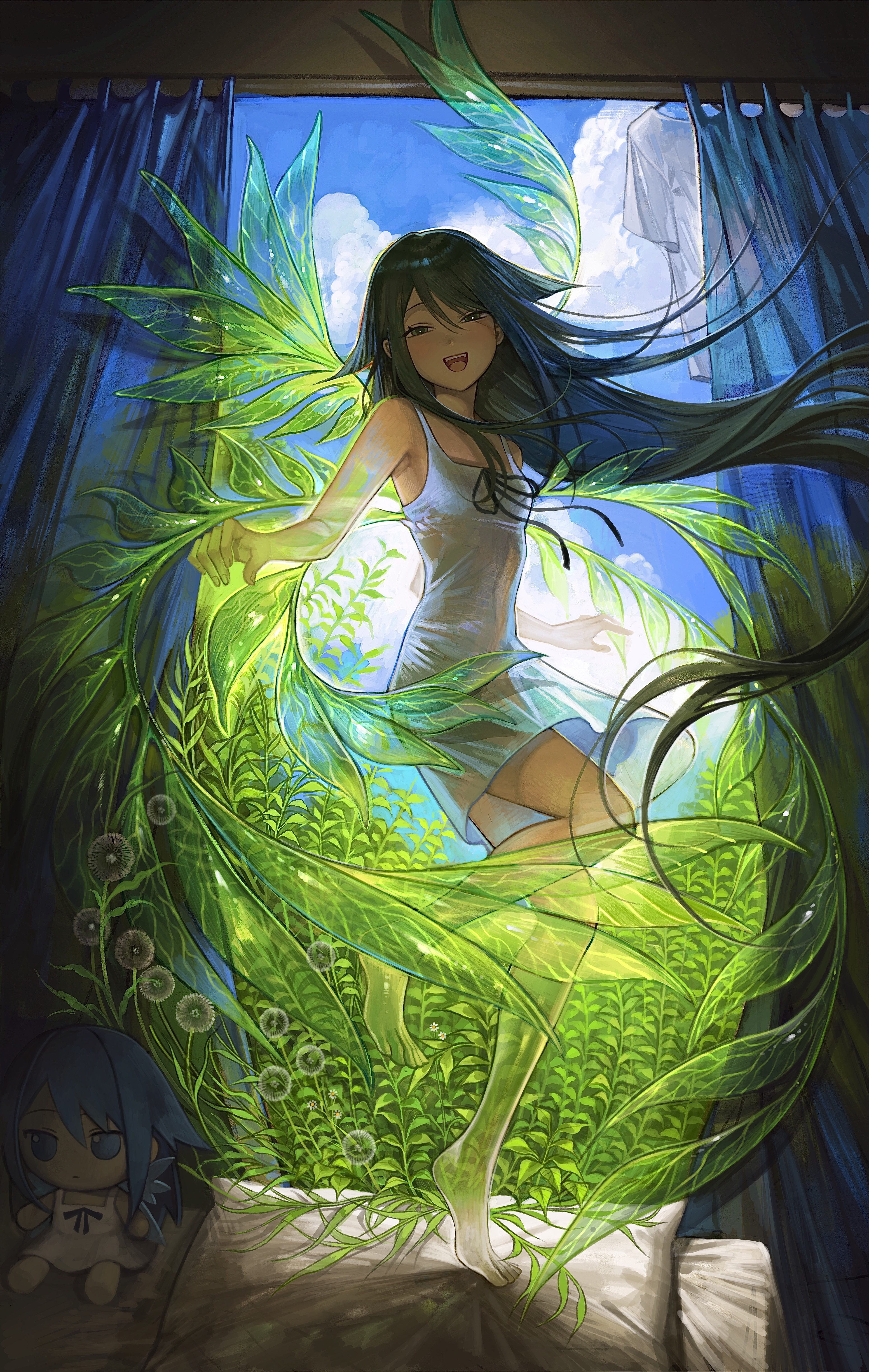 huli xiaobai, saya (saya no uta), saya no uta, absurdres, highres, 1girl, barefoot, character doll, cloud, cloudy sky, curtains, dandelion, doll, dress, flower, full body, fumo (doll), green hair, green wings, half-closed eyes, indoors, long hair, looking at viewer, open mouth, see-through body, see-through clothes, see-through dress, sky, smile, solo, white dress, wings