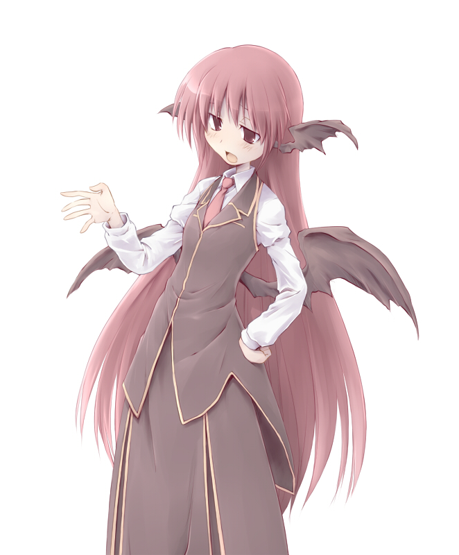 nekoguruma, koakuma, embodiment of scarlet devil, touhou, 1girl, bat wings, dress shirt, female focus, flat chest, hand on own hip, head wings, jitome, long hair, long sleeves, low wings, necktie, open mouth, red eyes, red hair, red necktie, shirt, simple background, skirt, skirt set, solo, very long hair, vest, white background, white shirt, wings