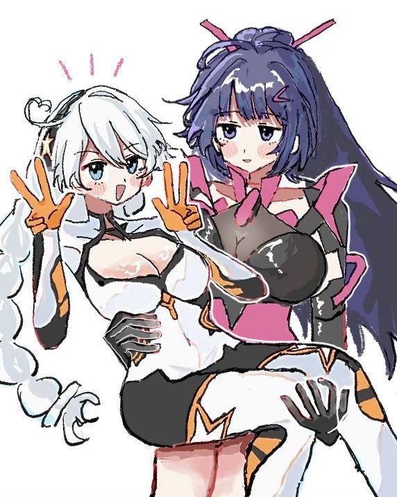 kiana kaslana, kiana kaslana (white comet), raiden mei, raiden mei (crimson impulse), honkai (series), honkai impact 3rd, 115date, 2girls, :d, ahoge, black hair, blue eyes, blush, bodysuit, braid, breasts, carrying, cleavage, gloves, hair between eyes, hair ornament, large breasts, leotard, multiple girls, open mouth, ponytail, princess carry, purple eyes, smile, star (symbol), twin braids, v, white bodysuit, white hair, yuri