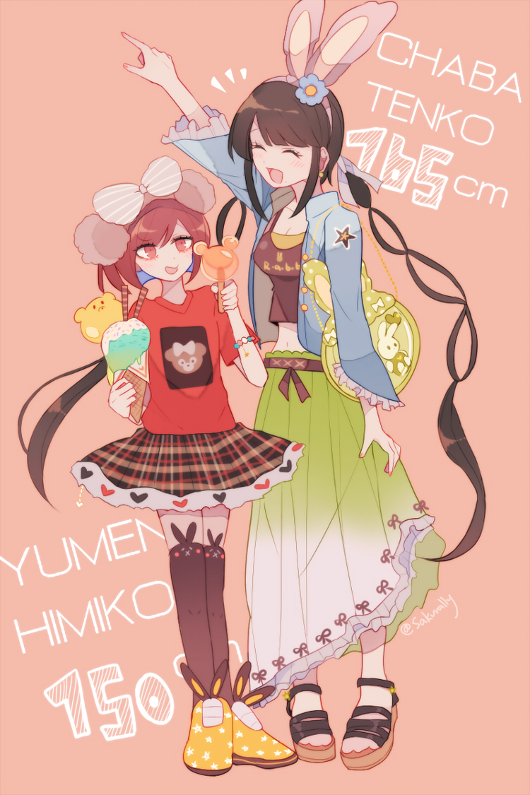 sakura (fein5862817), chabashira tenko, yumeno himiko, danganronpa (series), danganronpa v3: killing harmony, commentary request, 2girls, ^ ^, aegyo sal, alternate costume, animal bag, animal ear footwear, animal ear hairband, animal ear legwear, animal ears, animal print, asymmetrical skirt, bag, bead bracelet, beads, bear ear hairband, bear ears, bear print, black hair, black skirt, black tank top, black thighhighs, blue flower, blue jacket, blunt bangs, blunt ends, bob cut, bow, bow hairband, bra, bracelet, brown hairband, brown ribbon, brown sandals, casual, character name, closed eyes, clothes writing, collared jacket, dot nose, earrings, eyelashes, fake animal ears, flower, food, frilled skirt, frilled sleeves, frills, full body, fur-trimmed skirt, fur trim, gradient clothes, gradient skirt, green bag, green bra, green skirt, grey bow, hair bow, hair flower, hair ornament, hairband, happy, heart, heart print, height, height difference, high collar, holding, holding food, holding ice cream, holding ice cream cone, ice cream, ice cream cone, jacket, jewelry, long hair, looking at viewer, low twintails, midriff, miniskirt, multi-tied hair, multiple girls, nail polish, navel, open clothes, open jacket, open mouth, orange background, pink hairband, pink nails, plaid clothes, plaid skirt, platform sandals, pleated skirt, pointing, print jacket, print shirt, print shoes, print skirt, print thighhighs, rabbit ear hairband, rabbit ears, rabbit print, red eyes, red hair, red shirt, ribbon, sandals, shirt, shoes, short hair, short sleeves, shoulder bag, simple background, skirt, smile, sneakers, sphere earrings, standing, star (symbol), star print, striped bow, t-shirt, tank top, thighhighs, toes, twintails, twitter username, two-tone skirt, underwear, very long hair, waist ribbon, white bow, white skirt, yellow shoes