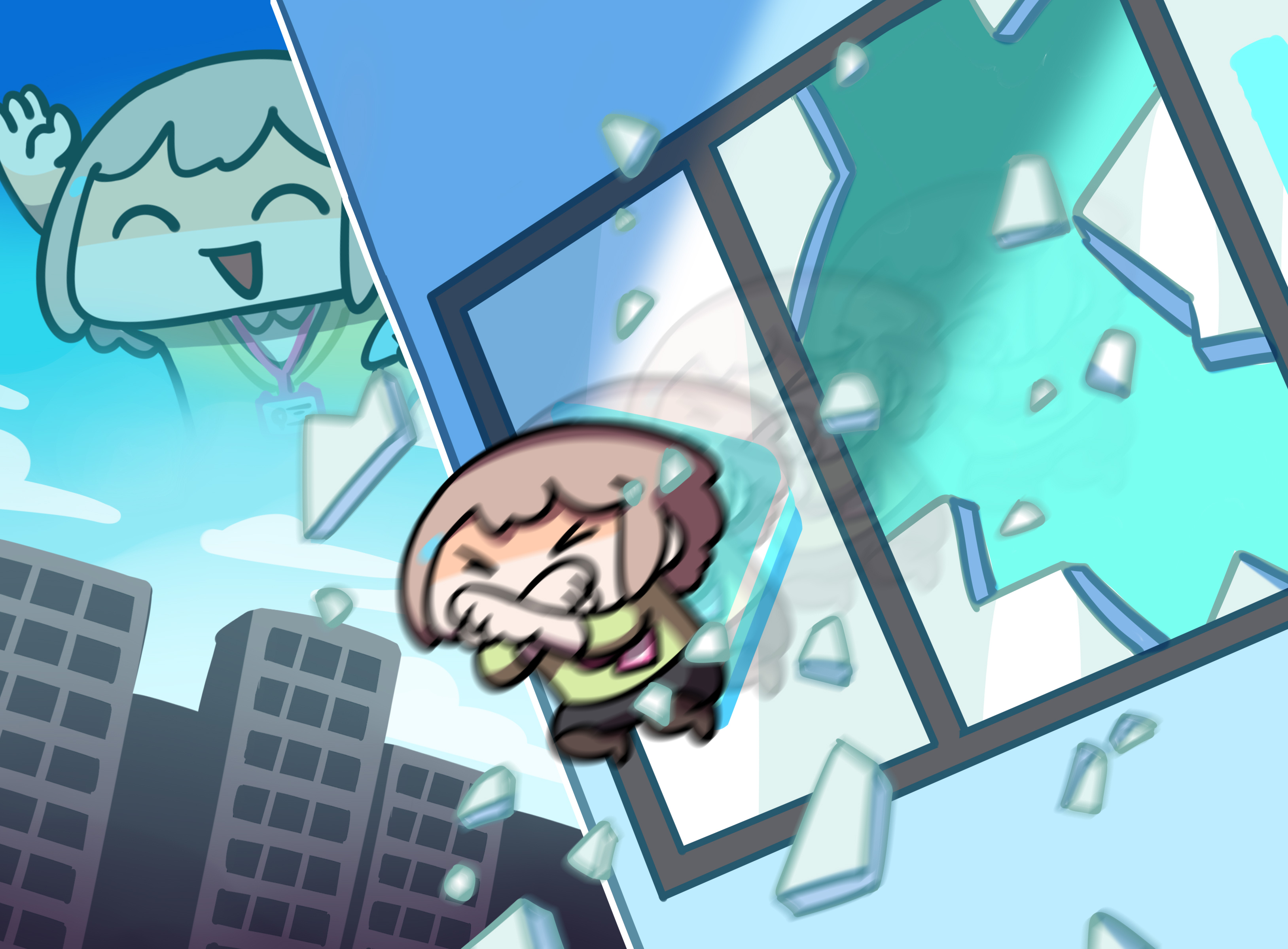 keenbiscuit, harusaki nodoka, hololive, absurdres, highres, > <, 1girl, ^ ^, arm up, autodefenestration, broken window, brown hair, building, closed eyes, id card, solo, window, x arms