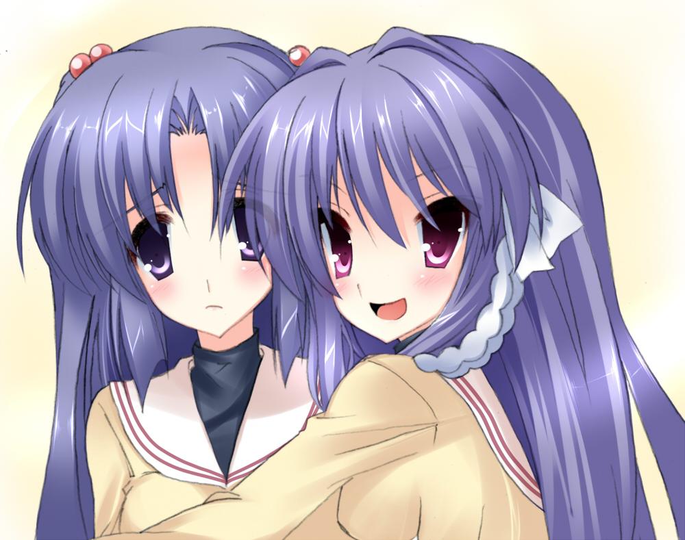 kuwashima rein, fujibayashi kyou, ichinose kotomi, clannad, bad id, bad pixiv id, 00s, 2girls, blue eyes, blue hair, long hair, multiple girls, purple eyes, purple hair, school uniform, twintails, two side up