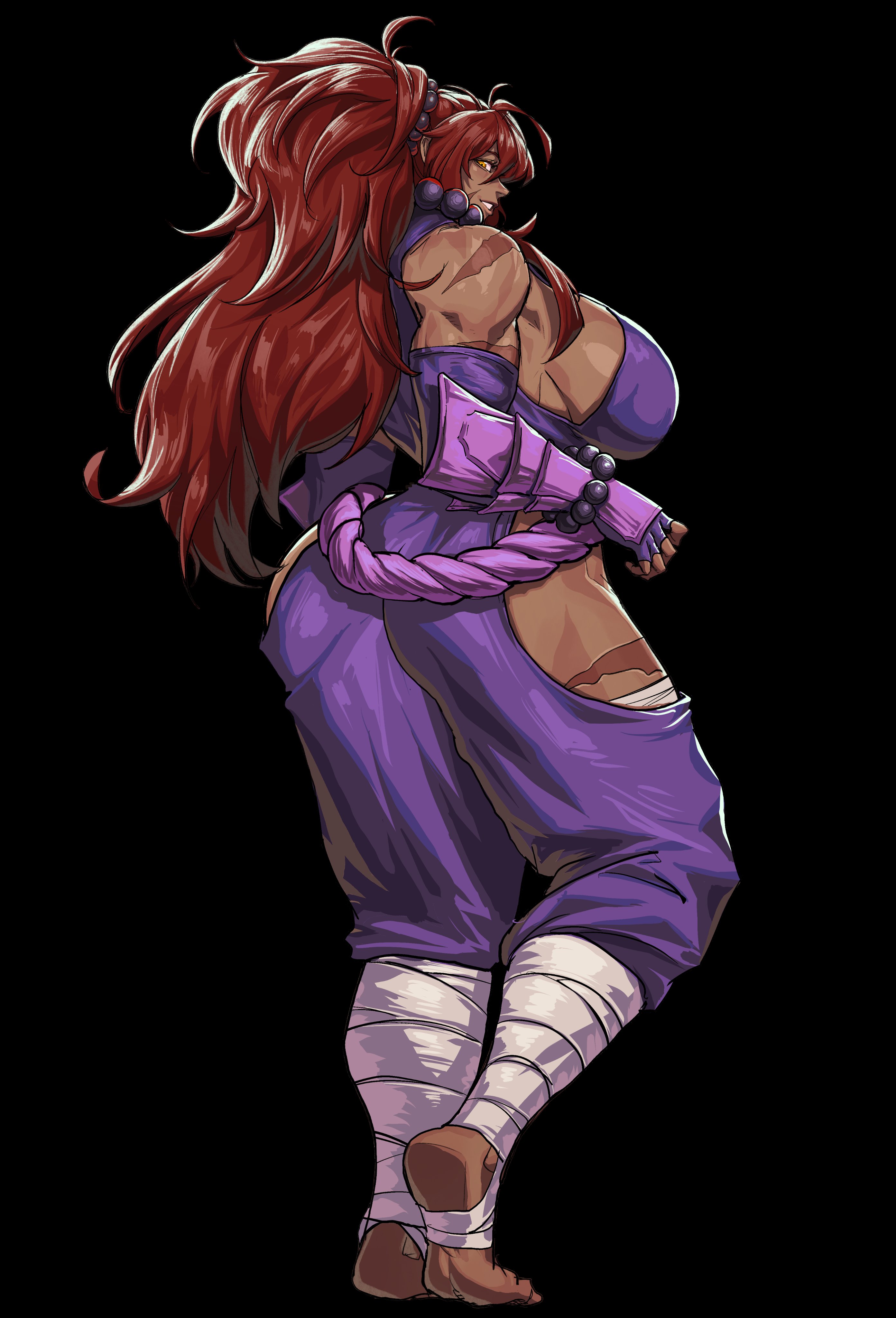 virgoart, original, absurdres, highres, 1girl, armlet, bangle, bare shoulders, bead bracelet, beads, bodysuit, bracelet, breasts, jewelry, large breasts, leg wrap, long hair, looking at viewer, muscular, muscular female, ponytail, purple bodysuit, red hair, scar, scar on arm, scar on leg, smile, solo, static background, thick thighs, thighs, very long hair