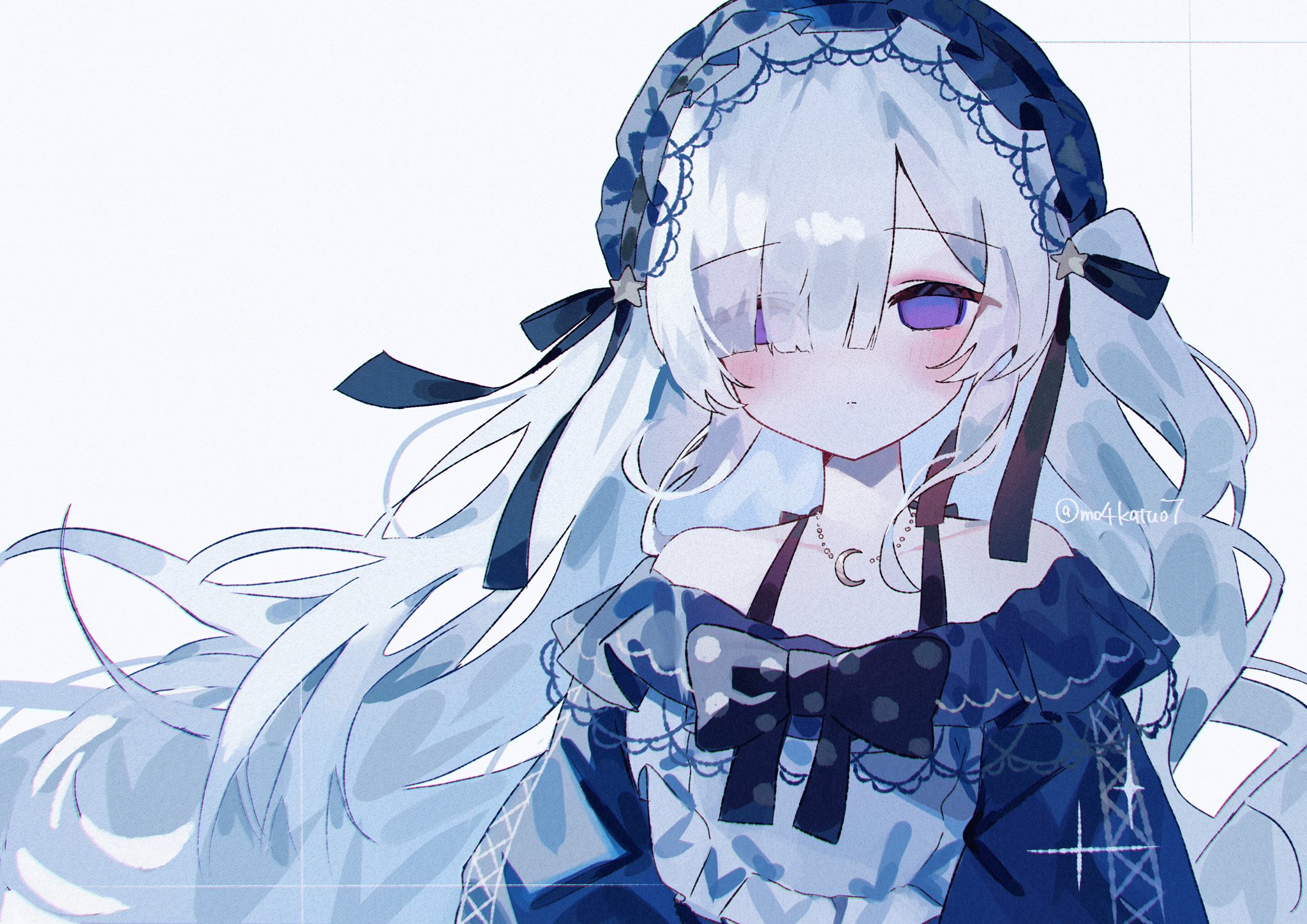 simple ice, natsume anan, mahou shoujo no majo saiban, highres, 1girl, blue dress, blue headband, bow, crescent, crescent necklace, dress, empty eyes, frilled dress, frills, gothic lolita, hair over one eye, hairband, headband, jewelry, lolita fashion, lolita hairband, long hair, looking at viewer, magical girl, necklace, polka dot, polka dot bow, purple eyes, simple background, solo, very long hair, white background, white hair