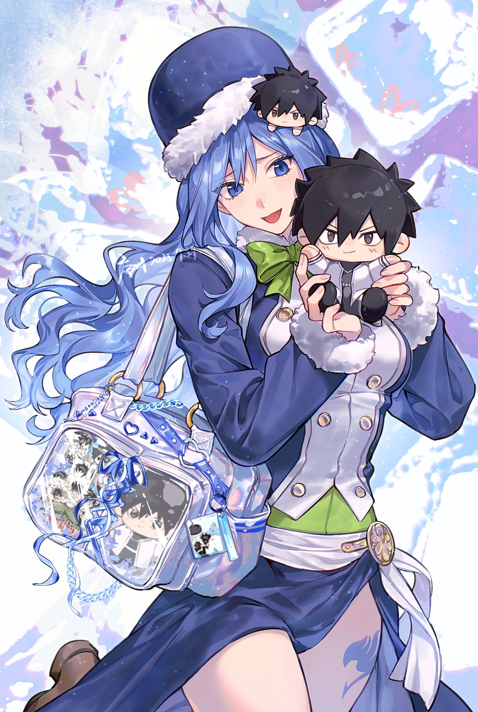 xuchuan, gray fullbuster, juvia lockser, fairy tail, commentary request, highres, 1girl, artist name, bag, blue eyes, blue hair, blue hat, blush, bow, bowtie, brown shoes, buttons, character doll, character hair ornament, cowboy shot, dated, doll, double-breasted, fur-trimmed headwear, fur-trimmed sleeves, fur trim, green bow, green bowtie, hair ornament, hat, holding, holding doll, leg tattoo, leg up, long hair, looking at viewer, shoes, shoulder bag, solo, tattoo, transparent bag, wavy hair, white fur
